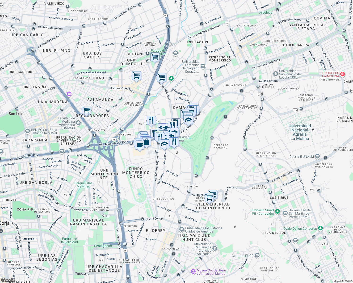 map of restaurants, bars, coffee shops, grocery stores, and more near 150 Avenida Club Golf los Incas in Santiago de Surco