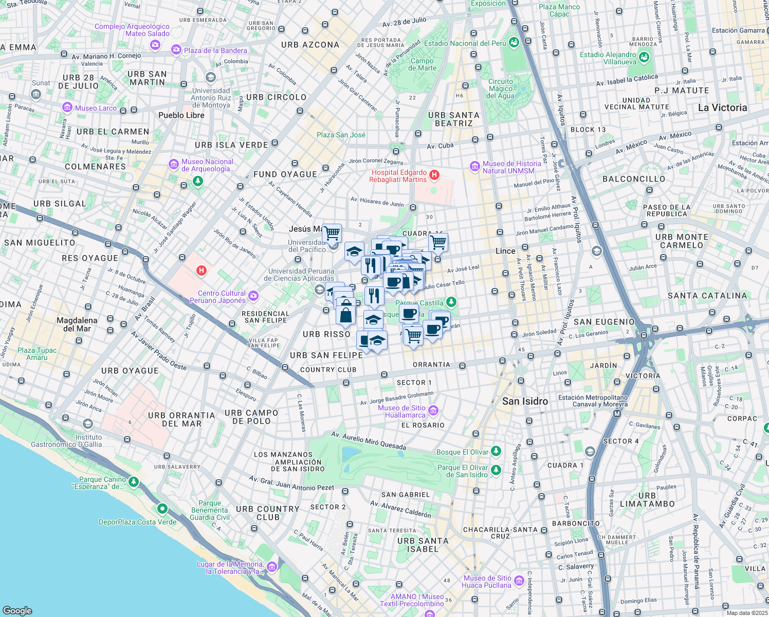 map of restaurants, bars, coffee shops, grocery stores, and more near 1312 Juan Bielovucich Cavalier in Lima