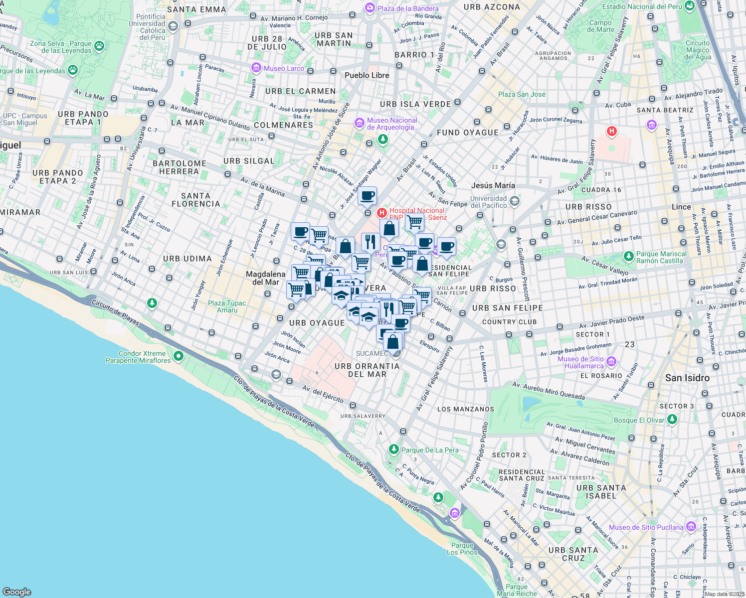 map of restaurants, bars, coffee shops, grocery stores, and more near 111 Jirón María Parado de Bellido in Magdalena del Mar