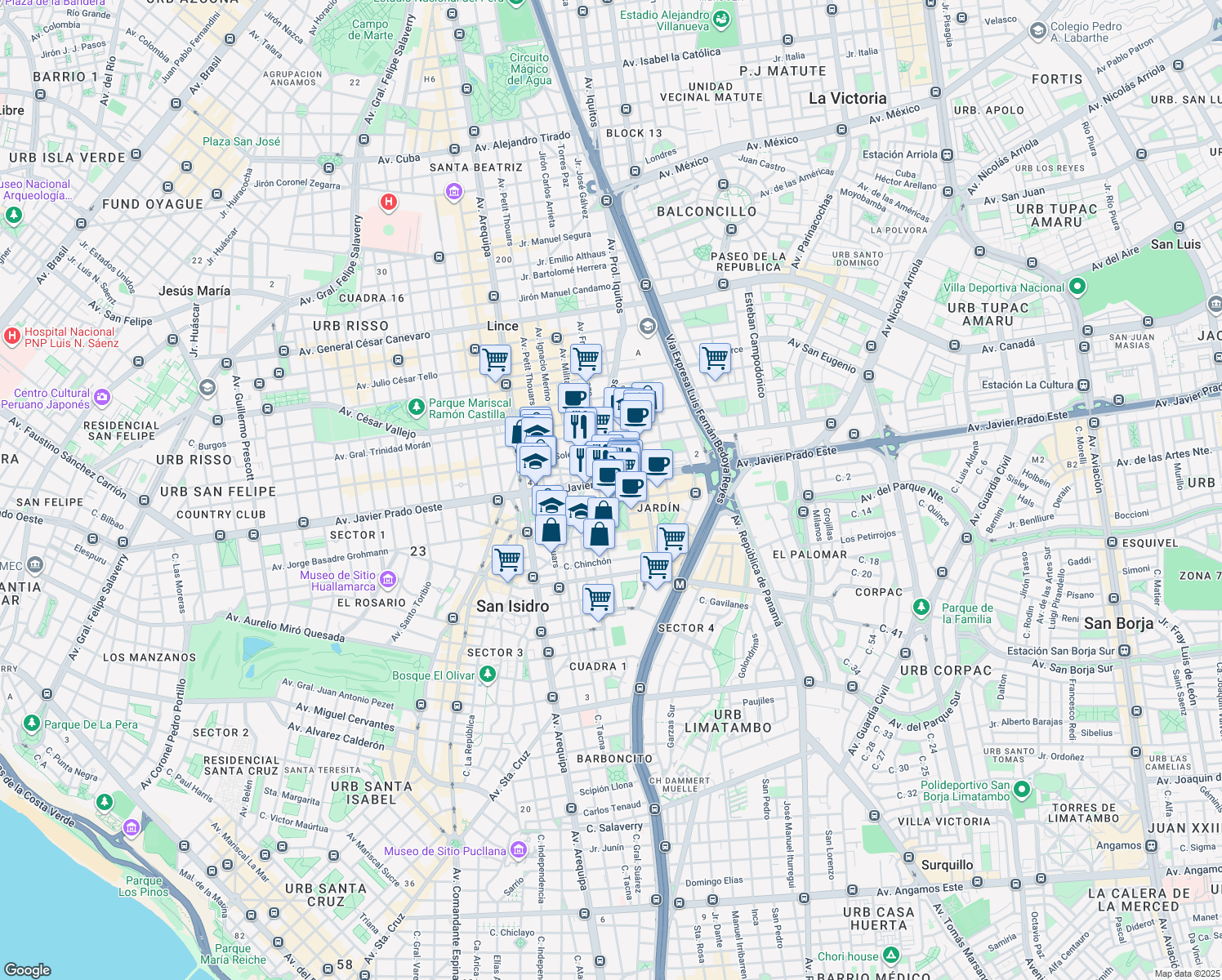 map of restaurants, bars, coffee shops, grocery stores, and more near 444 Avenida Javier Prado Este in San Isidro