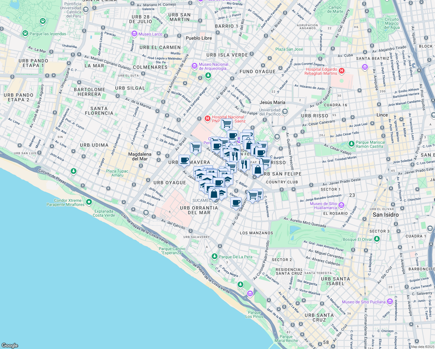 map of restaurants, bars, coffee shops, grocery stores, and more near in Magdalena del Mar
