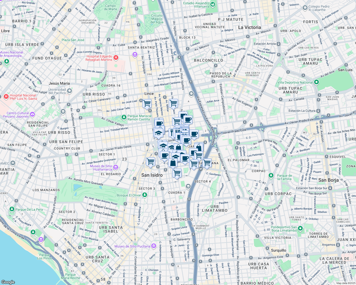 map of restaurants, bars, coffee shops, grocery stores, and more near 149 Calle las Camelias in San Isidro