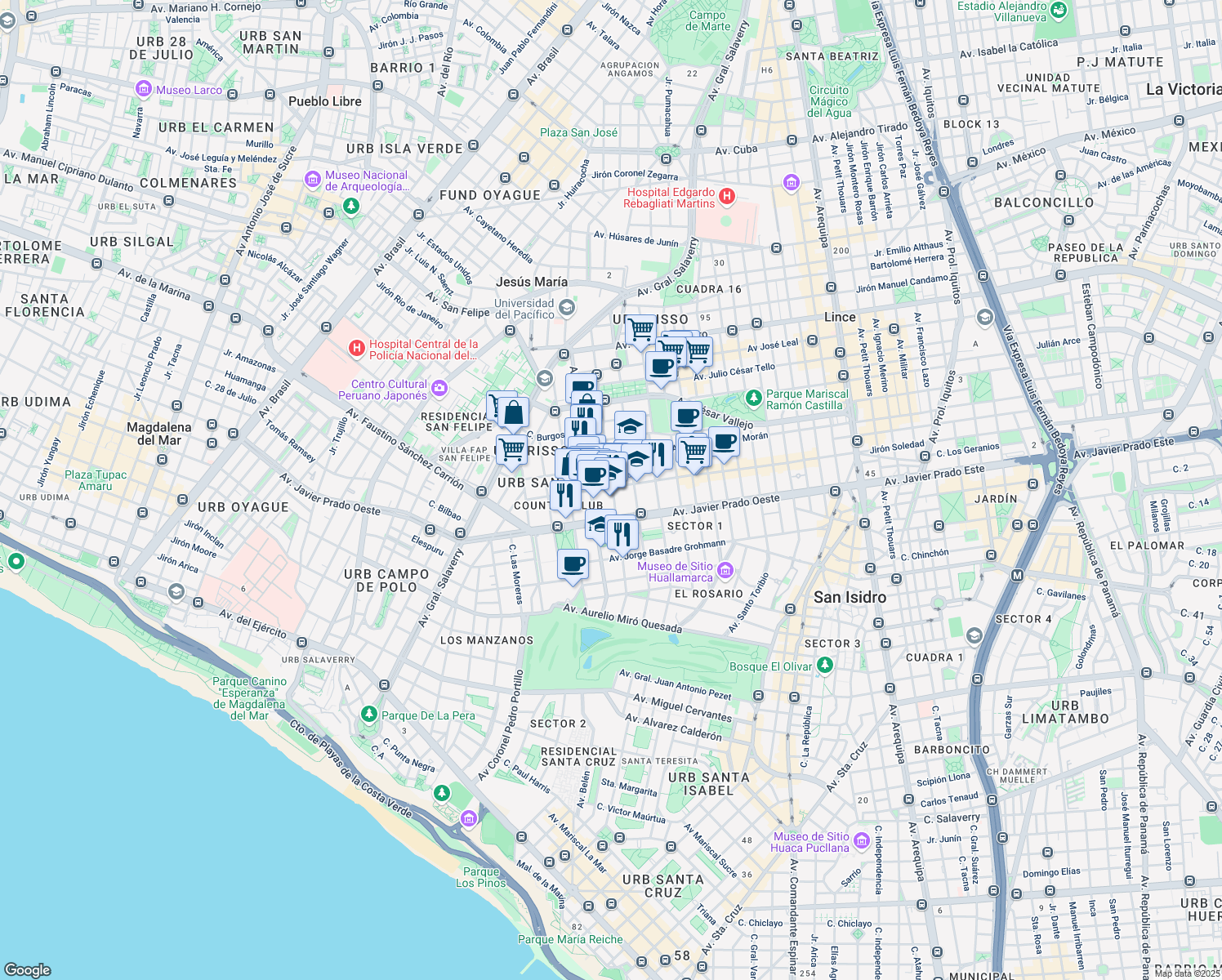 map of restaurants, bars, coffee shops, grocery stores, and more near 245 Calle Los Laureles in San Isidro
