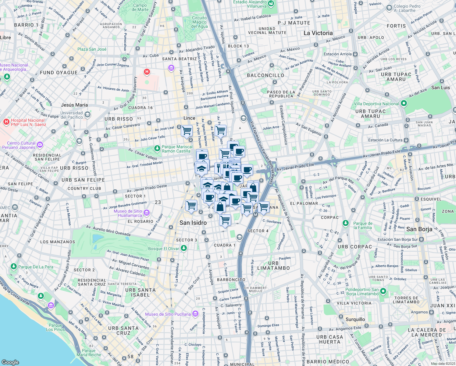 map of restaurants, bars, coffee shops, grocery stores, and more near 223 Calle Amador Merino Reyna in San Isidro