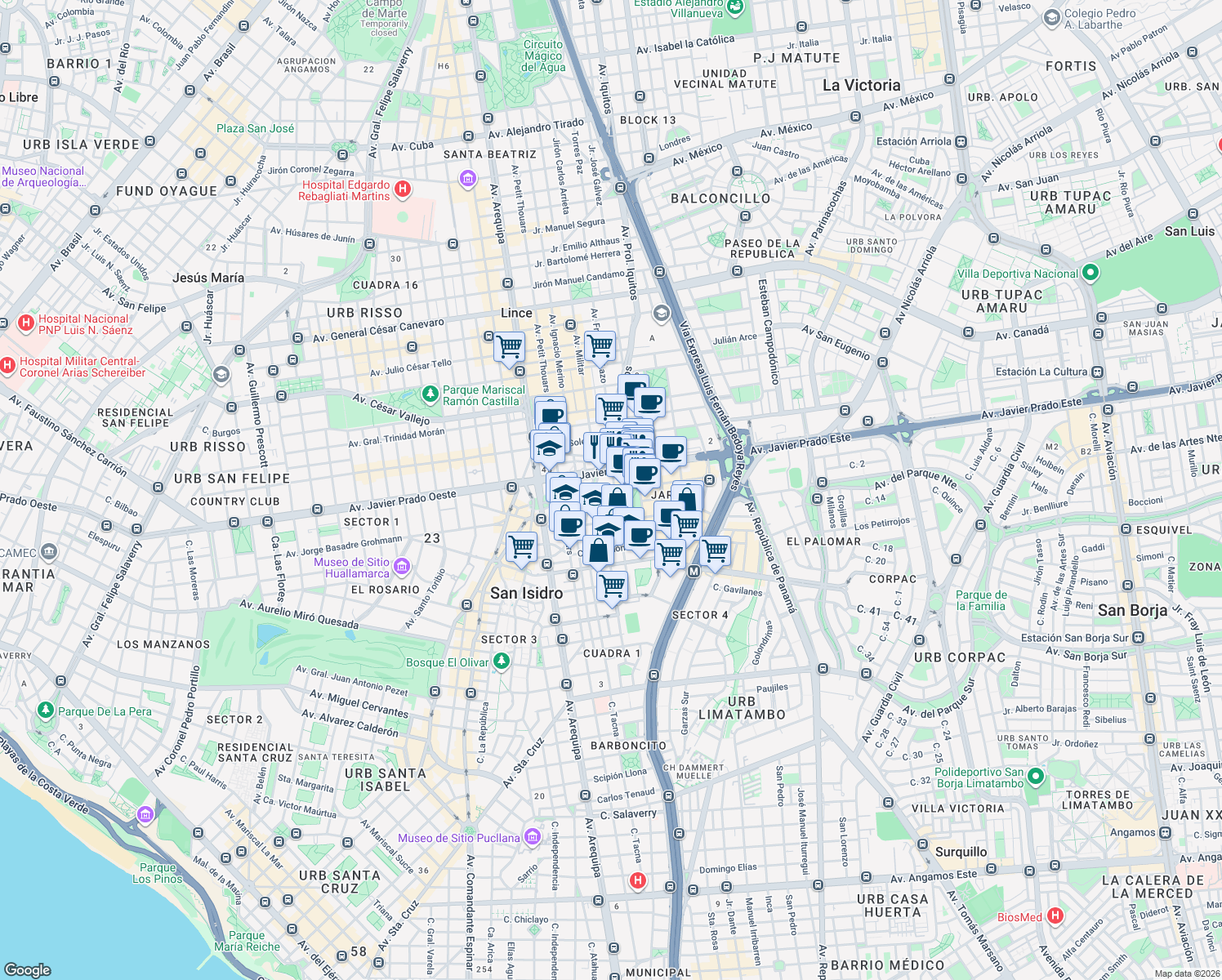 map of restaurants, bars, coffee shops, grocery stores, and more near 223 Calle Amador Merino Reyna in San Isidro