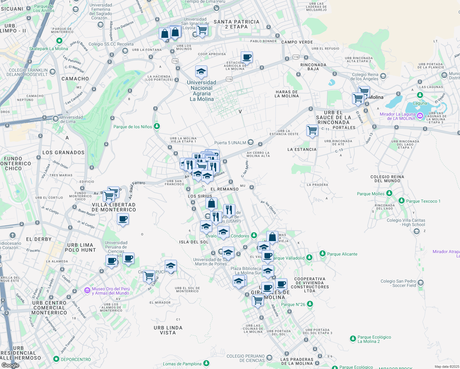 map of restaurants, bars, coffee shops, grocery stores, and more near 12 La Arboleda in Cercado de Lima