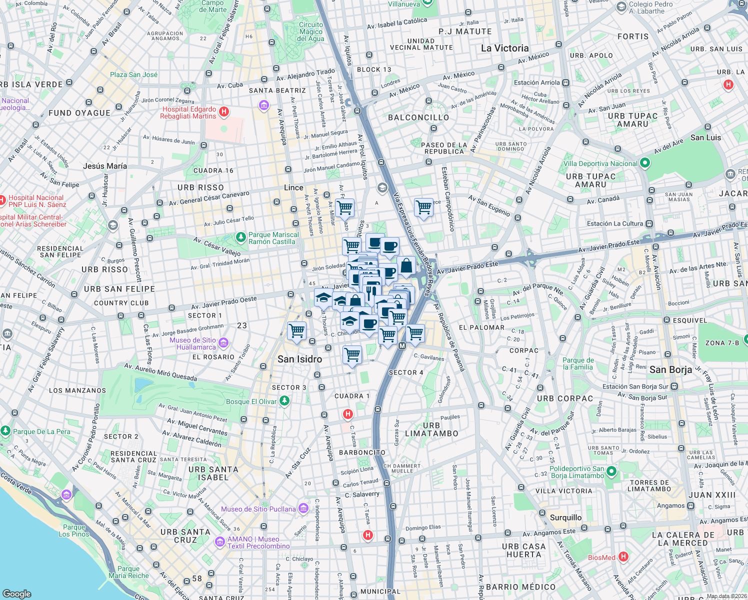 map of restaurants, bars, coffee shops, grocery stores, and more near Calle Las Orquídeas in Lima
