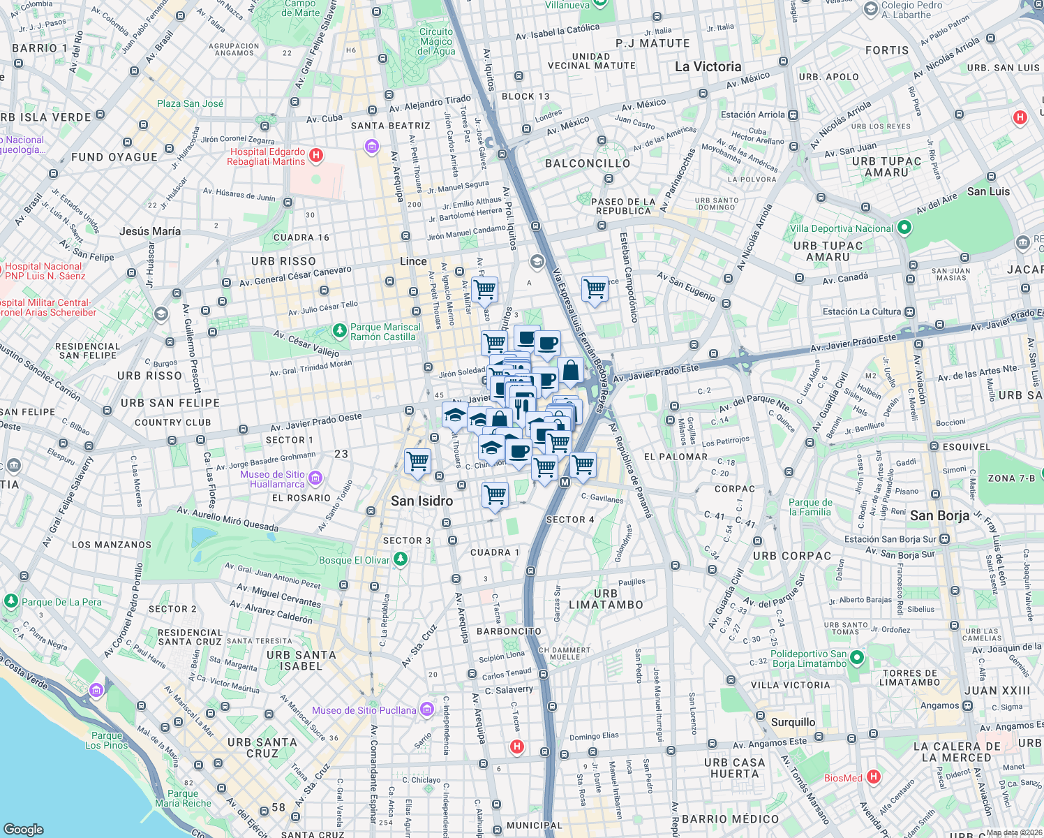 map of restaurants, bars, coffee shops, grocery stores, and more near Calle Las Orquídeas in Lima