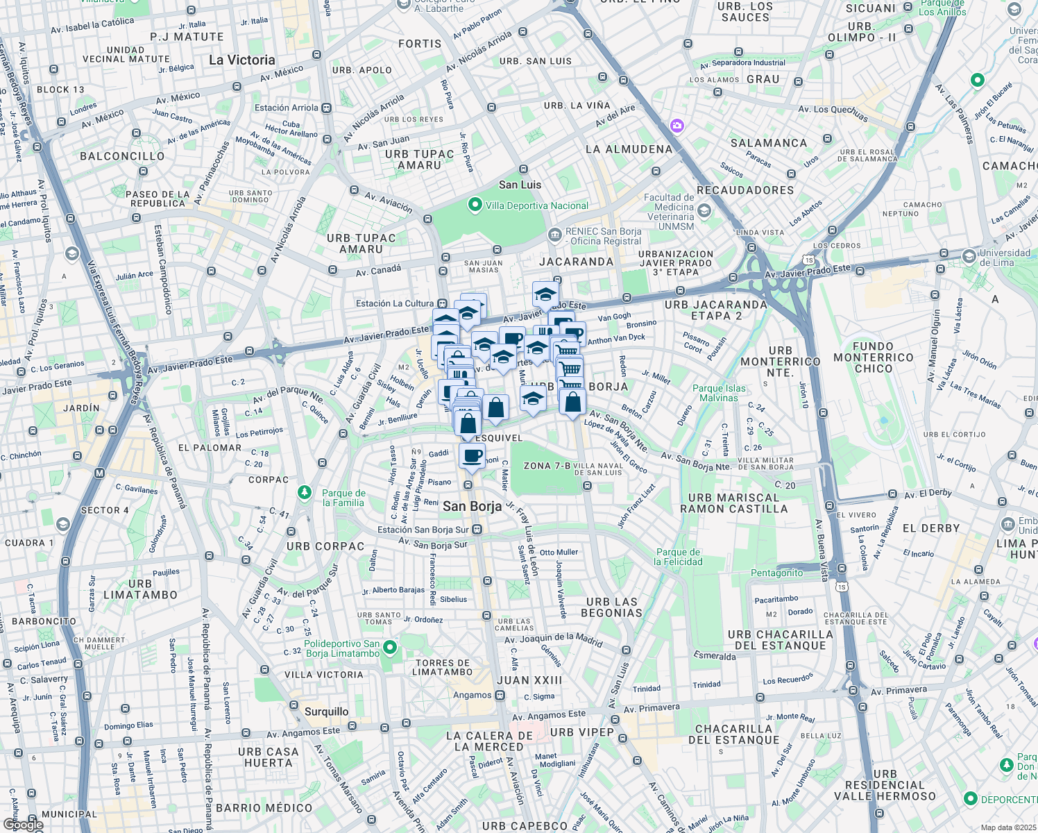 map of restaurants, bars, coffee shops, grocery stores, and more near San Borja Norte in San Borja