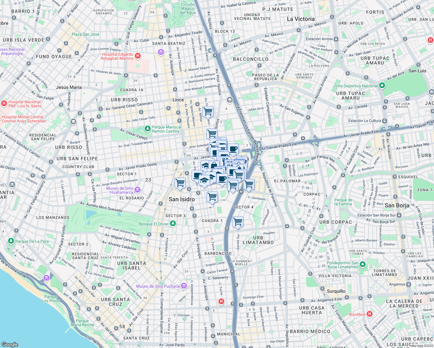 map of restaurants, bars, coffee shops, grocery stores, and more near 322 Calle Coronel Andrés Reyes in San Isidro