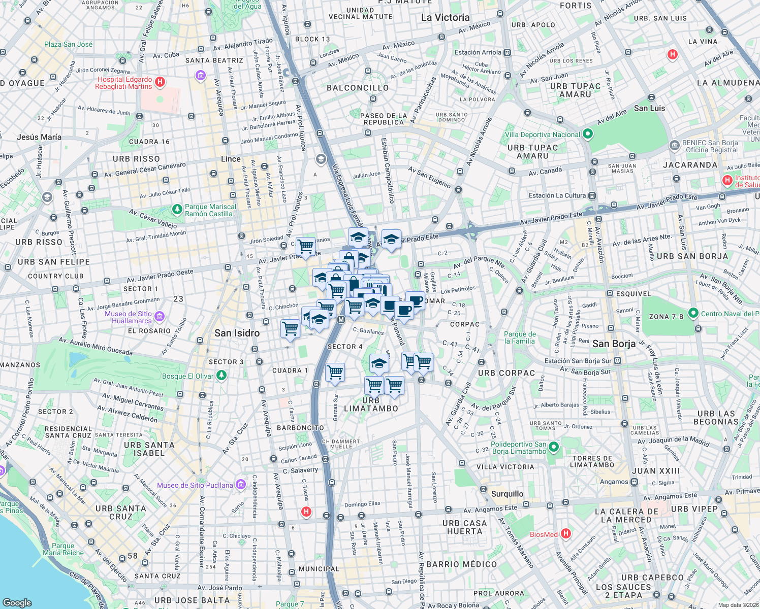 map of restaurants, bars, coffee shops, grocery stores, and more near 144 Avenida Dionisio Derteano in San Isidro