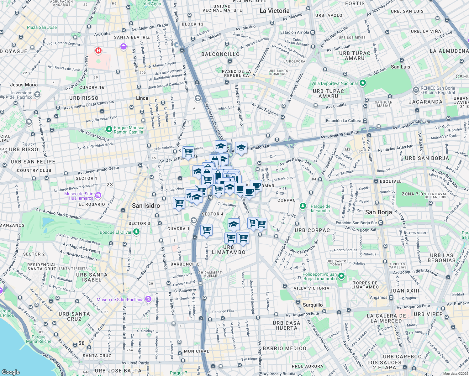 map of restaurants, bars, coffee shops, grocery stores, and more near 144 Avenida Dionisio Derteano in San Isidro