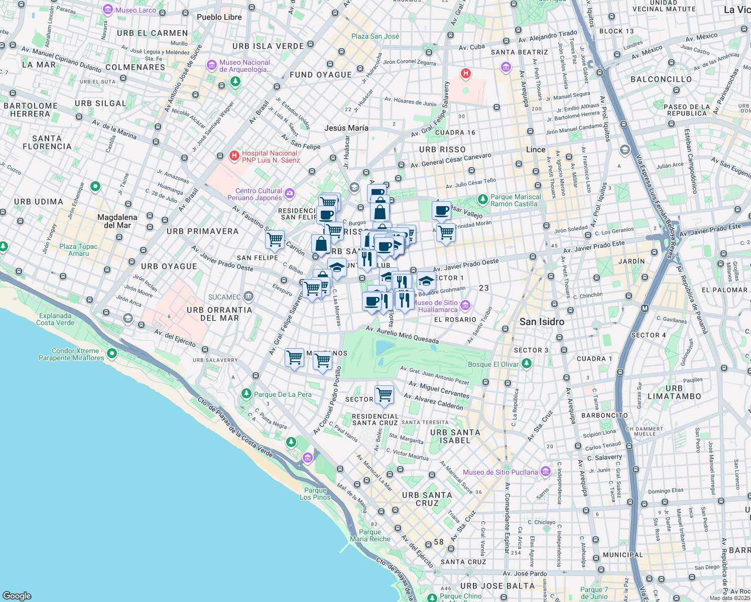 map of restaurants, bars, coffee shops, grocery stores, and more near Avenida Jorge Basadre Grohmann in Lima