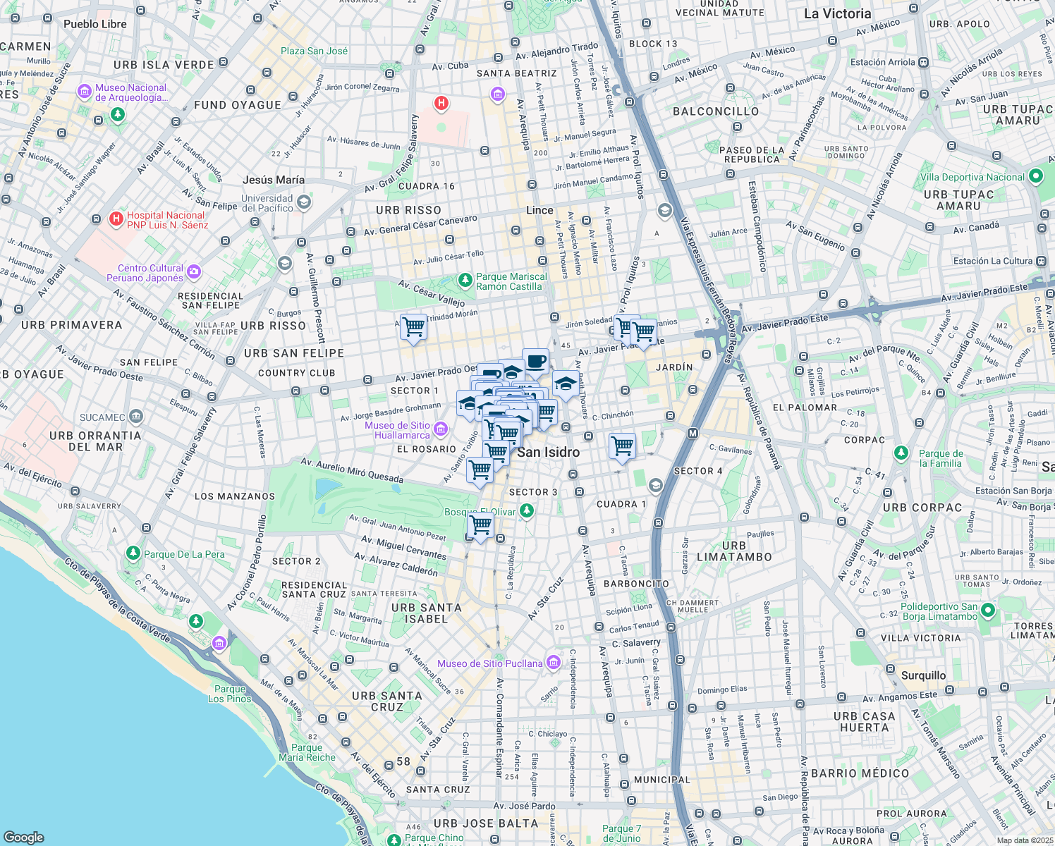 map of restaurants, bars, coffee shops, grocery stores, and more near 295 Calle Santa Luisa in San Isidro