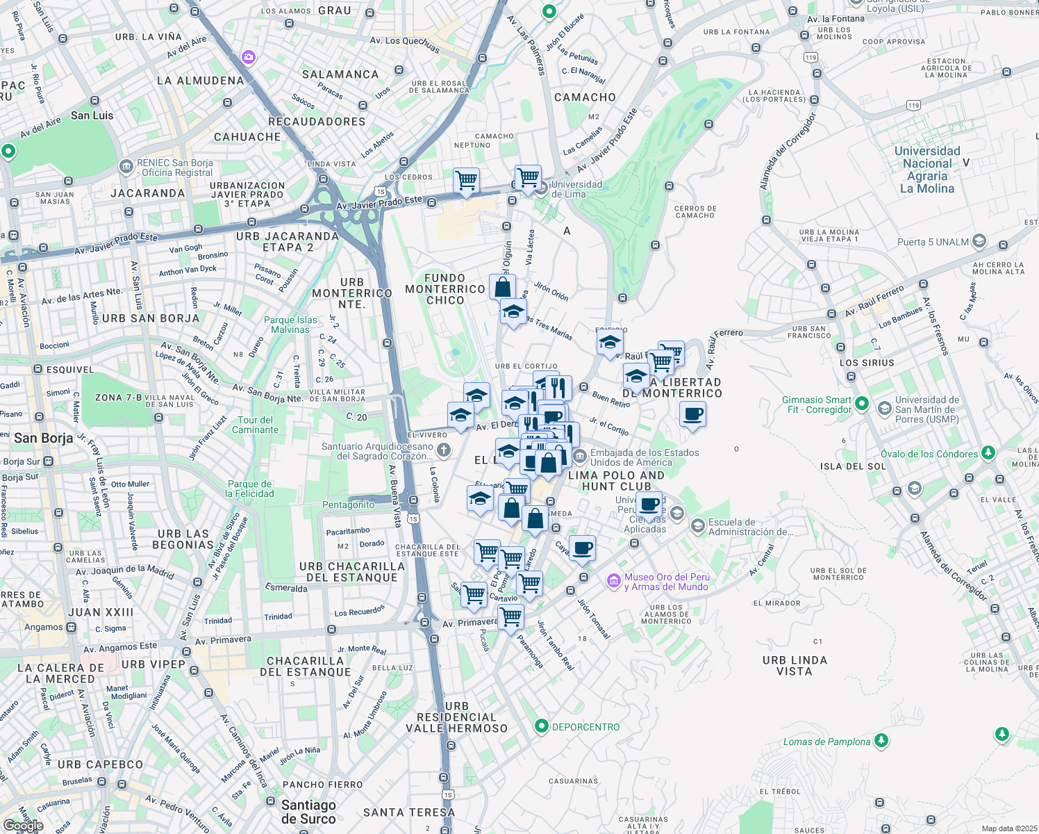 map of restaurants, bars, coffee shops, grocery stores, and more near 254 El Derby in Santiago de Surco