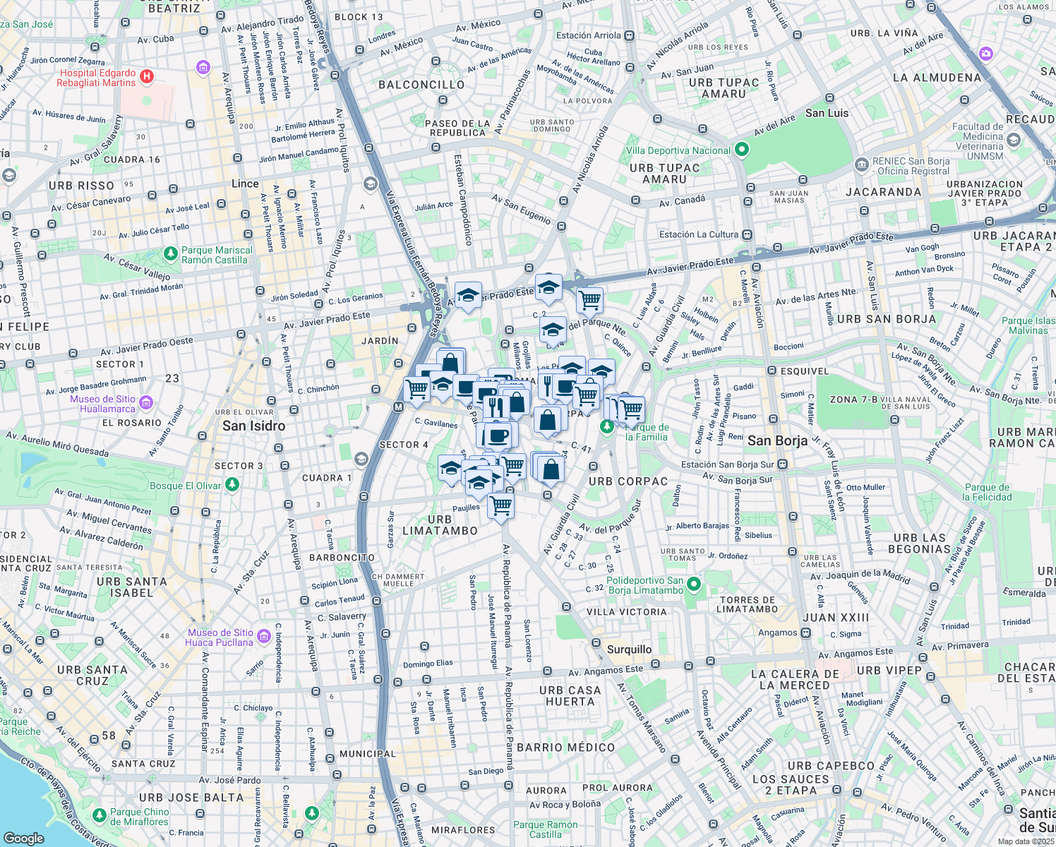 map of restaurants, bars, coffee shops, grocery stores, and more near Avenida Canaval y Moreyra in San Isidro