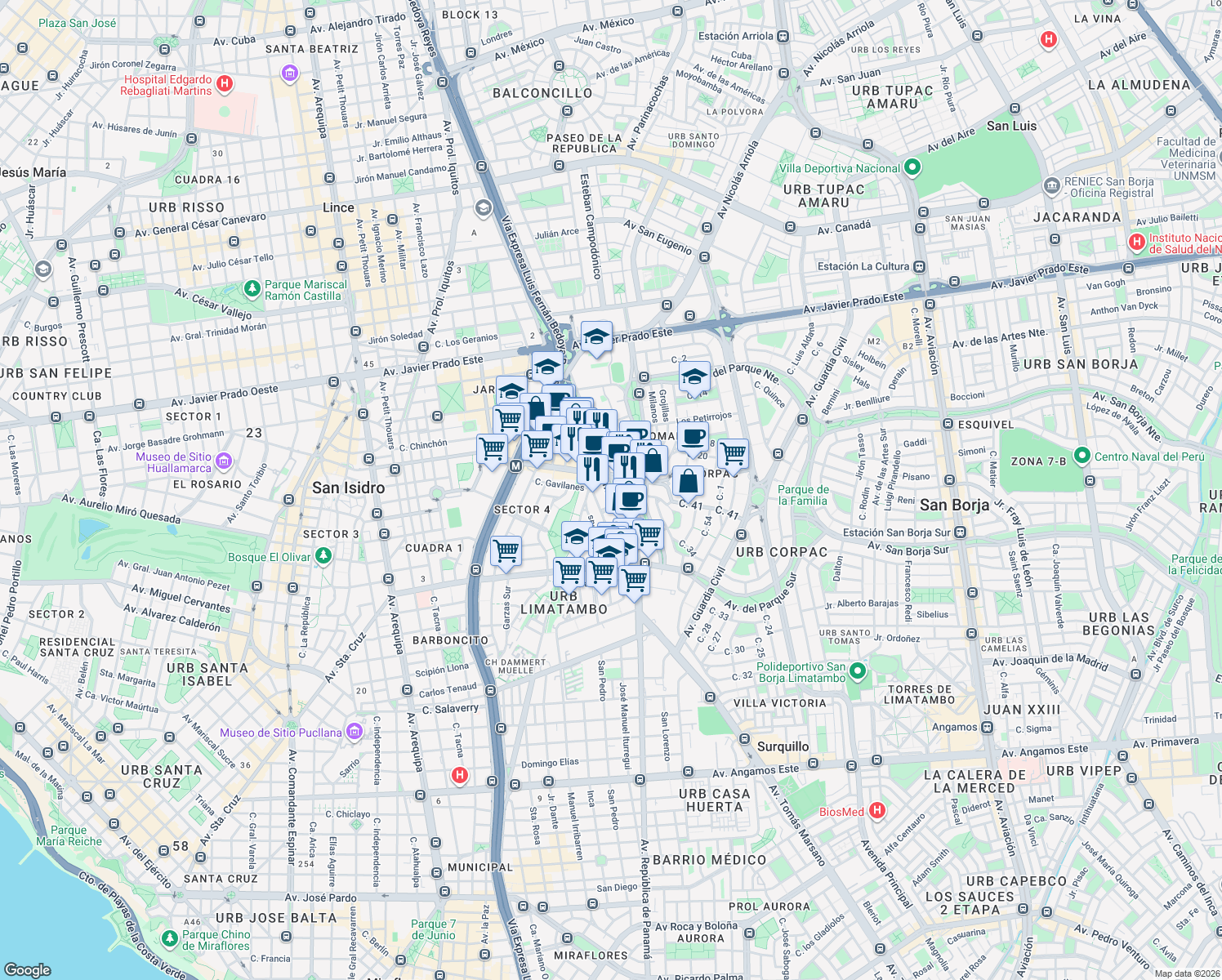 map of restaurants, bars, coffee shops, grocery stores, and more near 3428 Avenida República de Panamá in San Isidro