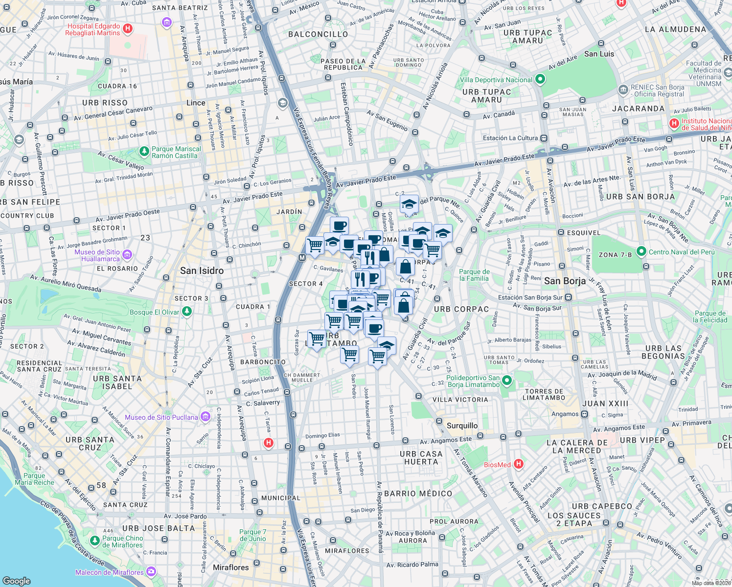 map of restaurants, bars, coffee shops, grocery stores, and more near 3428 Avenida República de Panamá in San Isidro