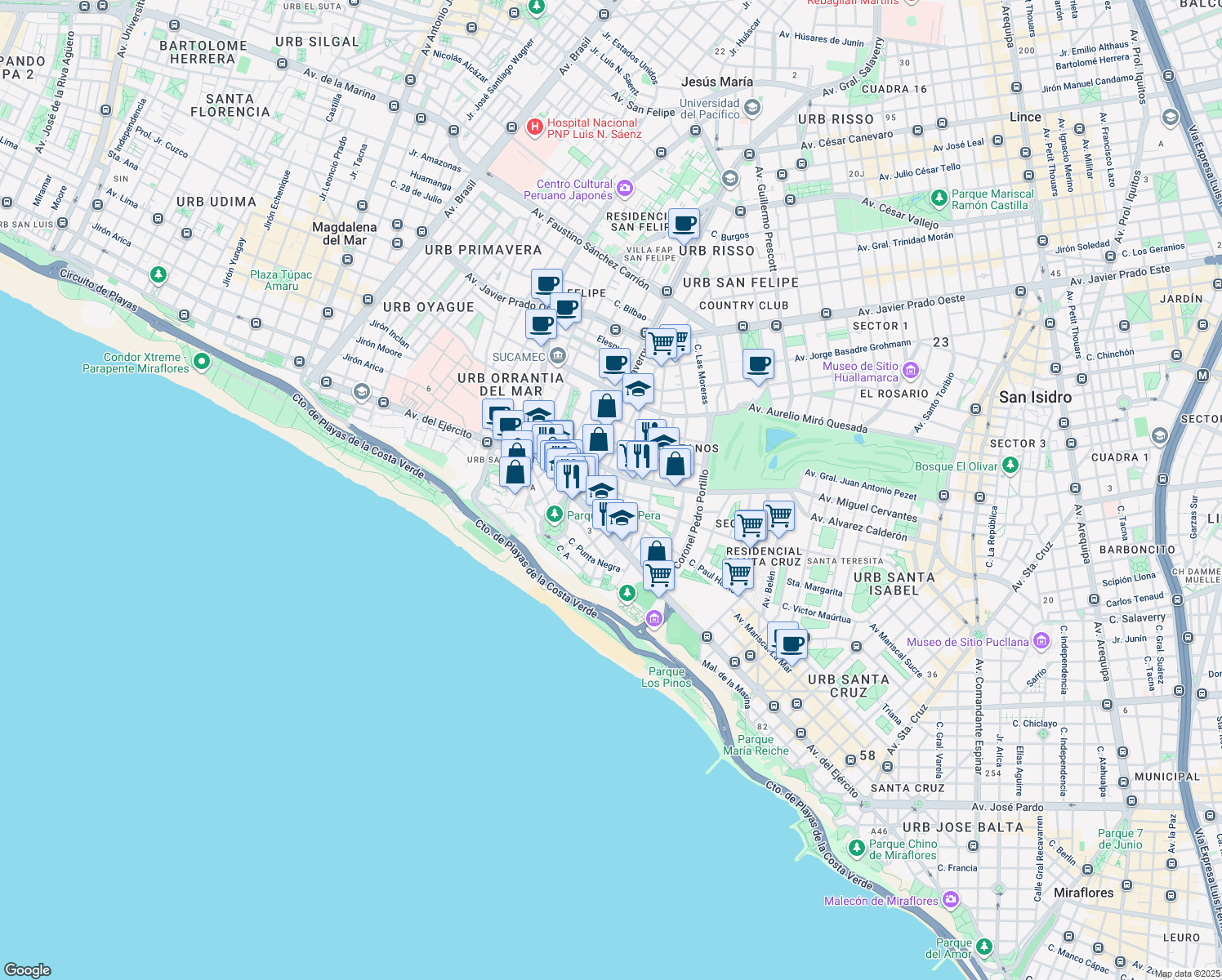 map of restaurants, bars, coffee shops, grocery stores, and more near Calle General La Fuente in San Isidro