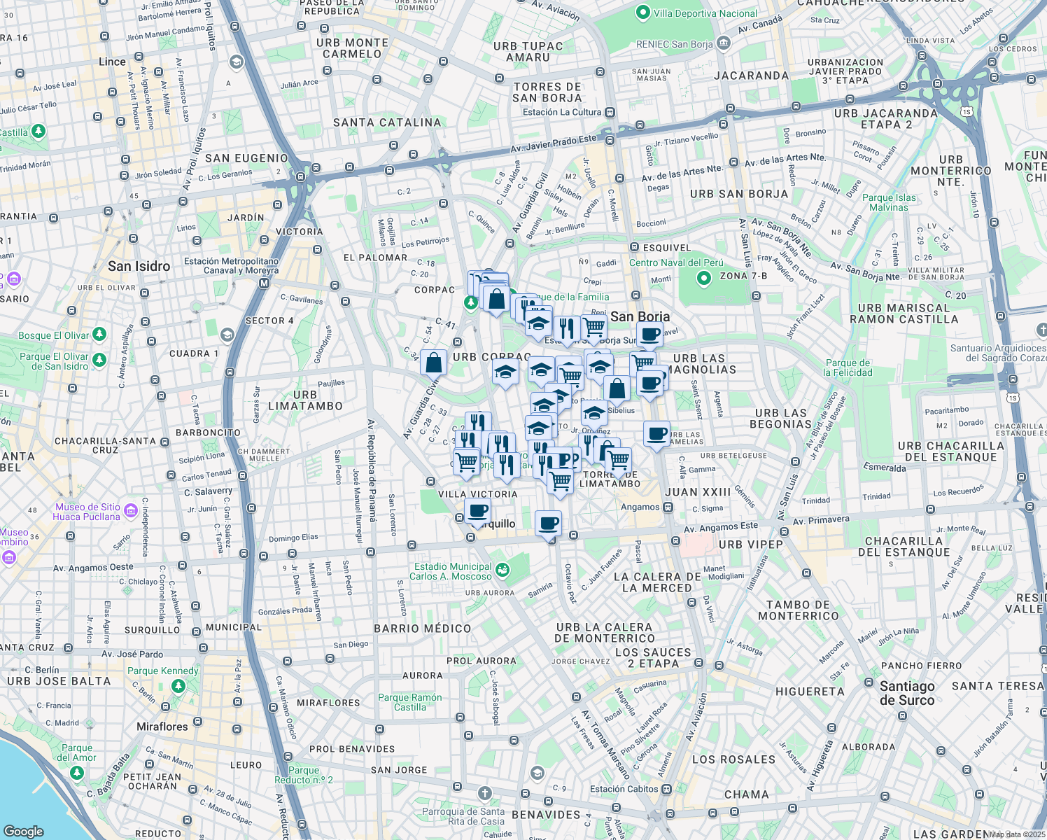 map of restaurants, bars, coffee shops, grocery stores, and more near Jirón Gozzoli Sur in San Borja