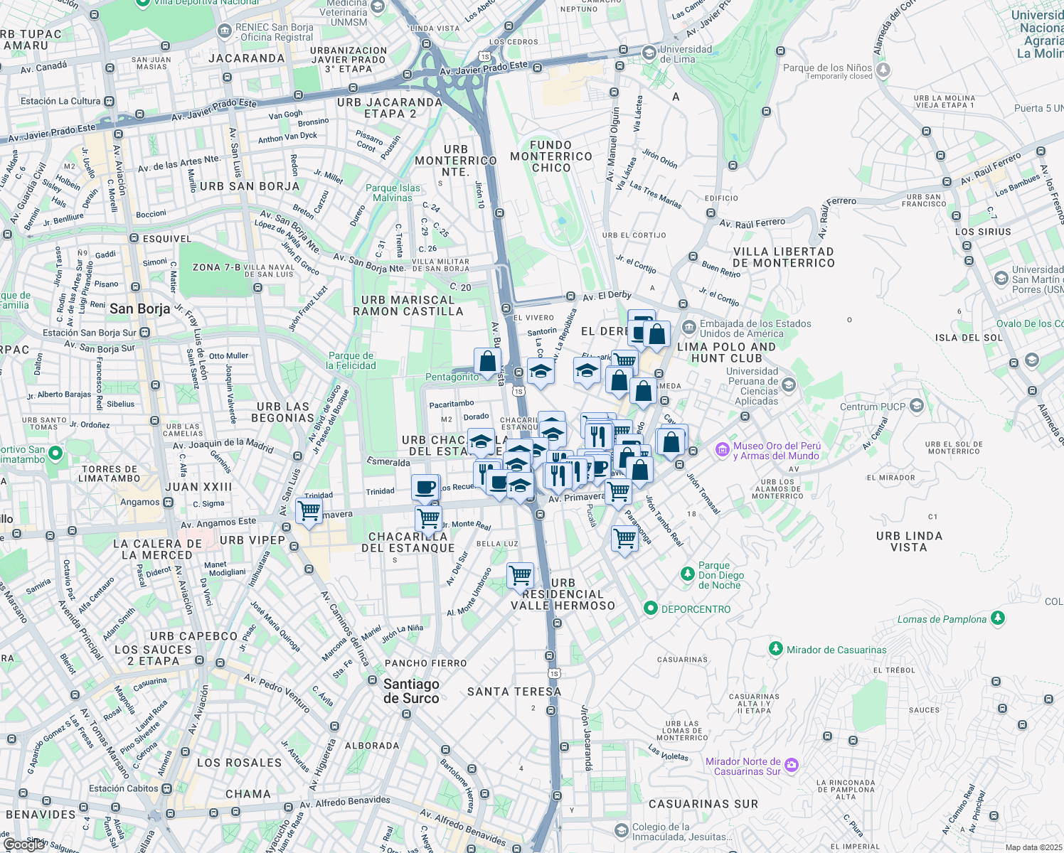 map of restaurants, bars, coffee shops, grocery stores, and more near 595 Jirón Jerónimo de Aliaga in Santiago de Surco