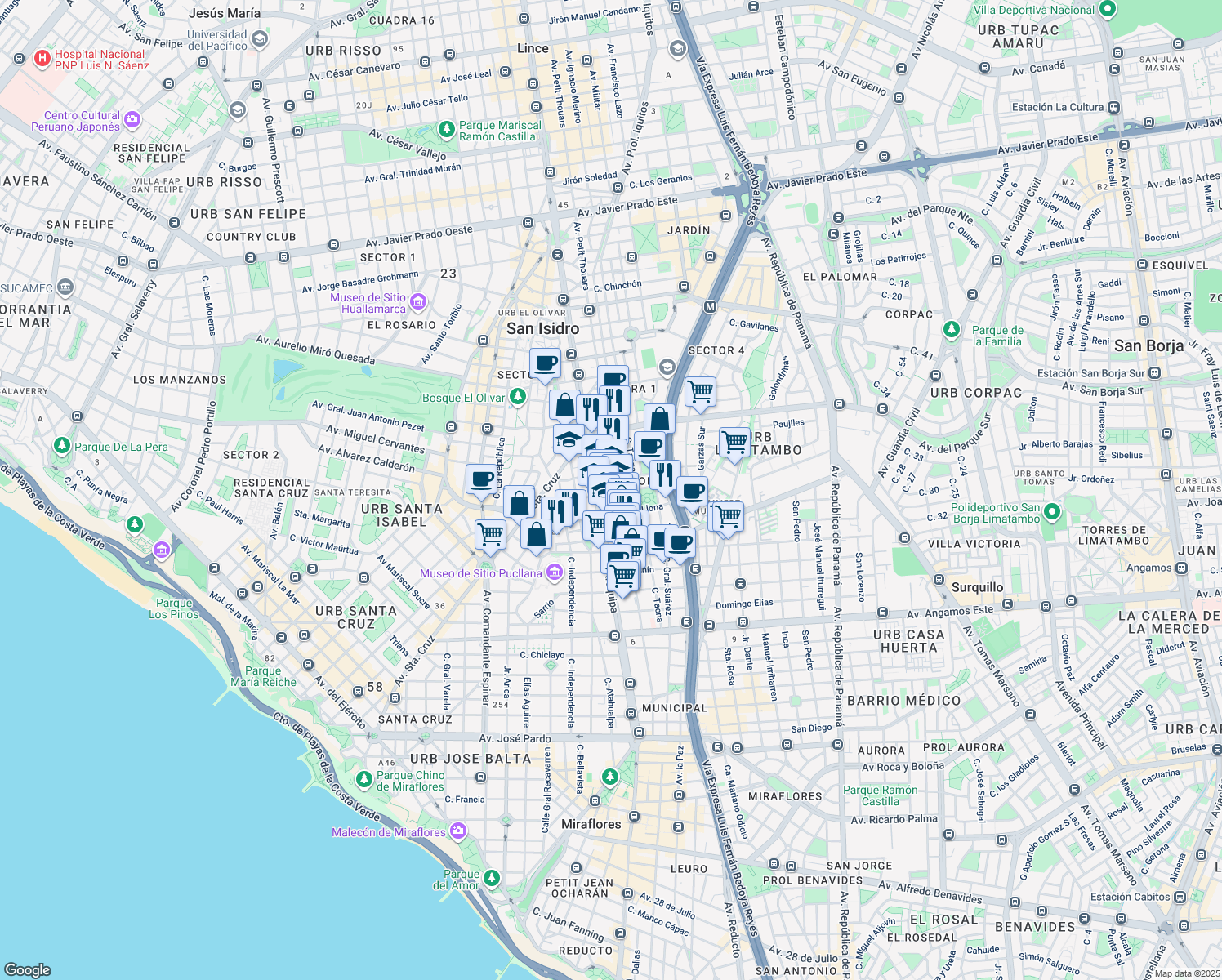 map of restaurants, bars, coffee shops, grocery stores, and more near 169 Sevilla in Lima