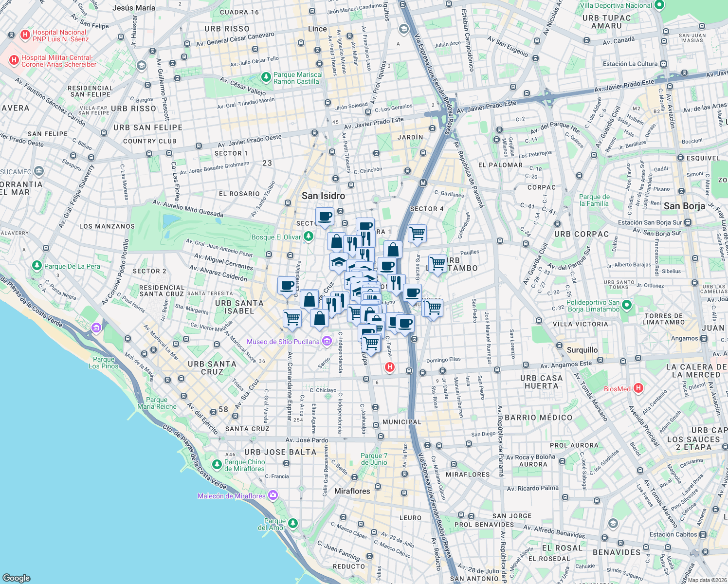 map of restaurants, bars, coffee shops, grocery stores, and more near 169 Sevilla in Lima