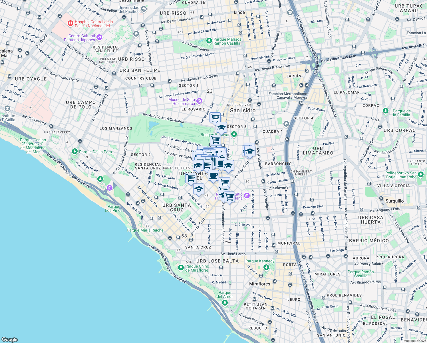 map of restaurants, bars, coffee shops, grocery stores, and more near Felipe Pardo y Aliaga in Lima