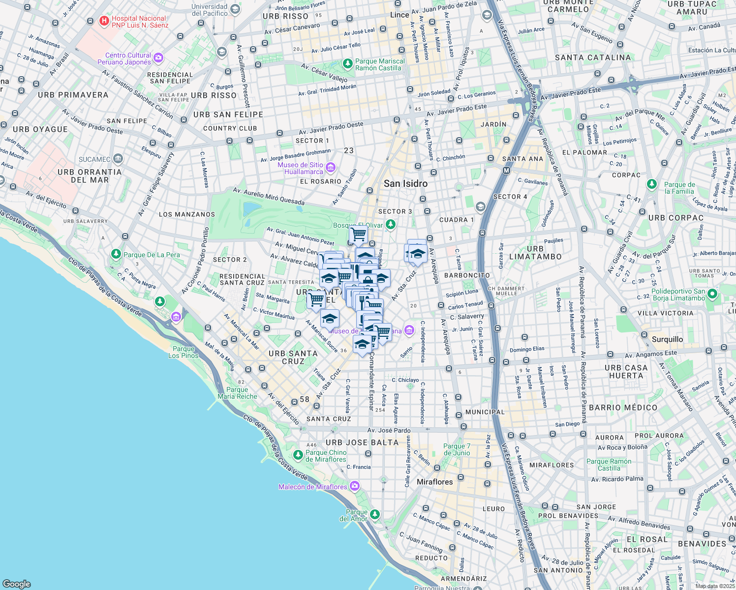 map of restaurants, bars, coffee shops, grocery stores, and more near 1120 Avenida Los Conquistadores in San Isidro