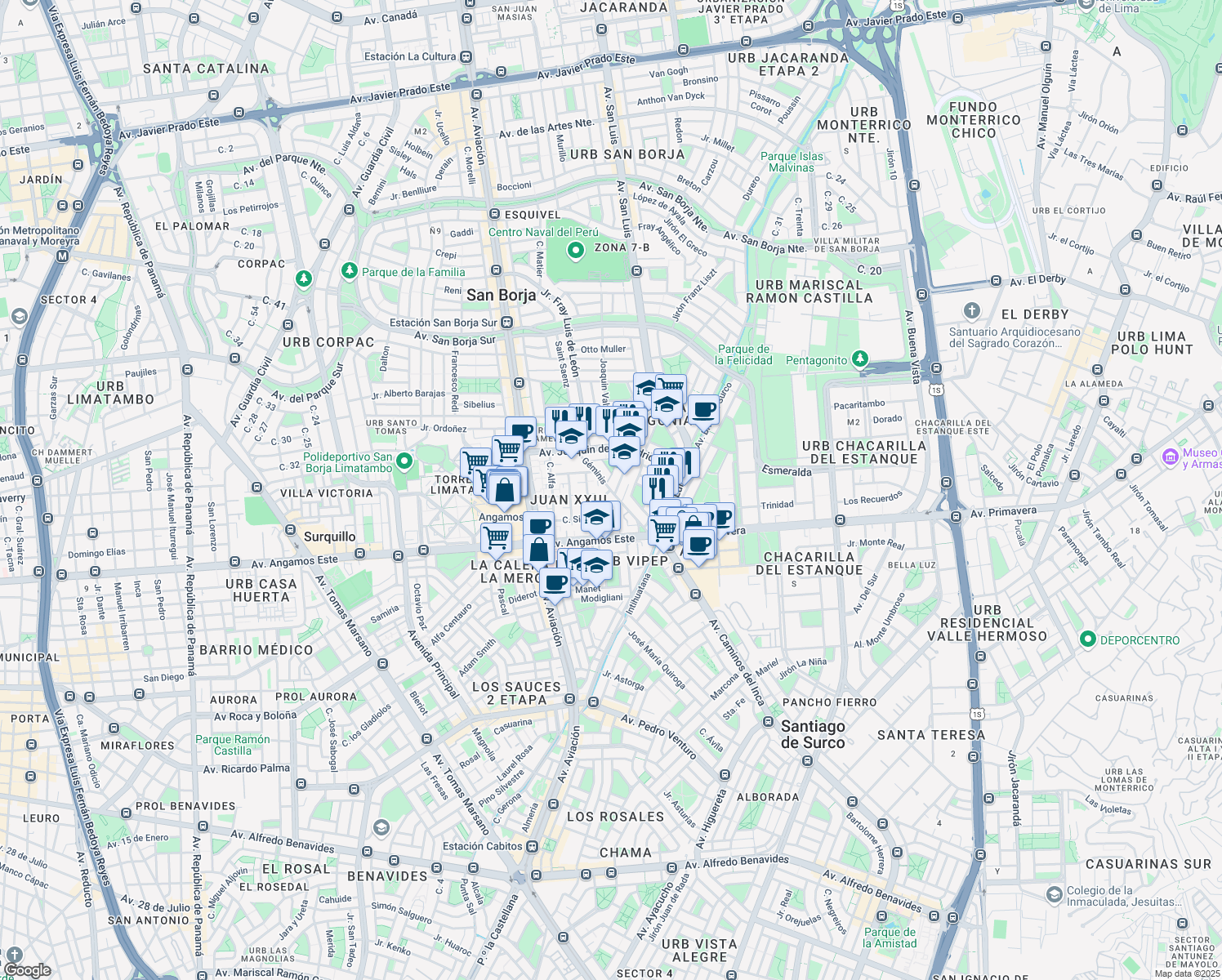 map of restaurants, bars, coffee shops, grocery stores, and more near in Distrito de Lima