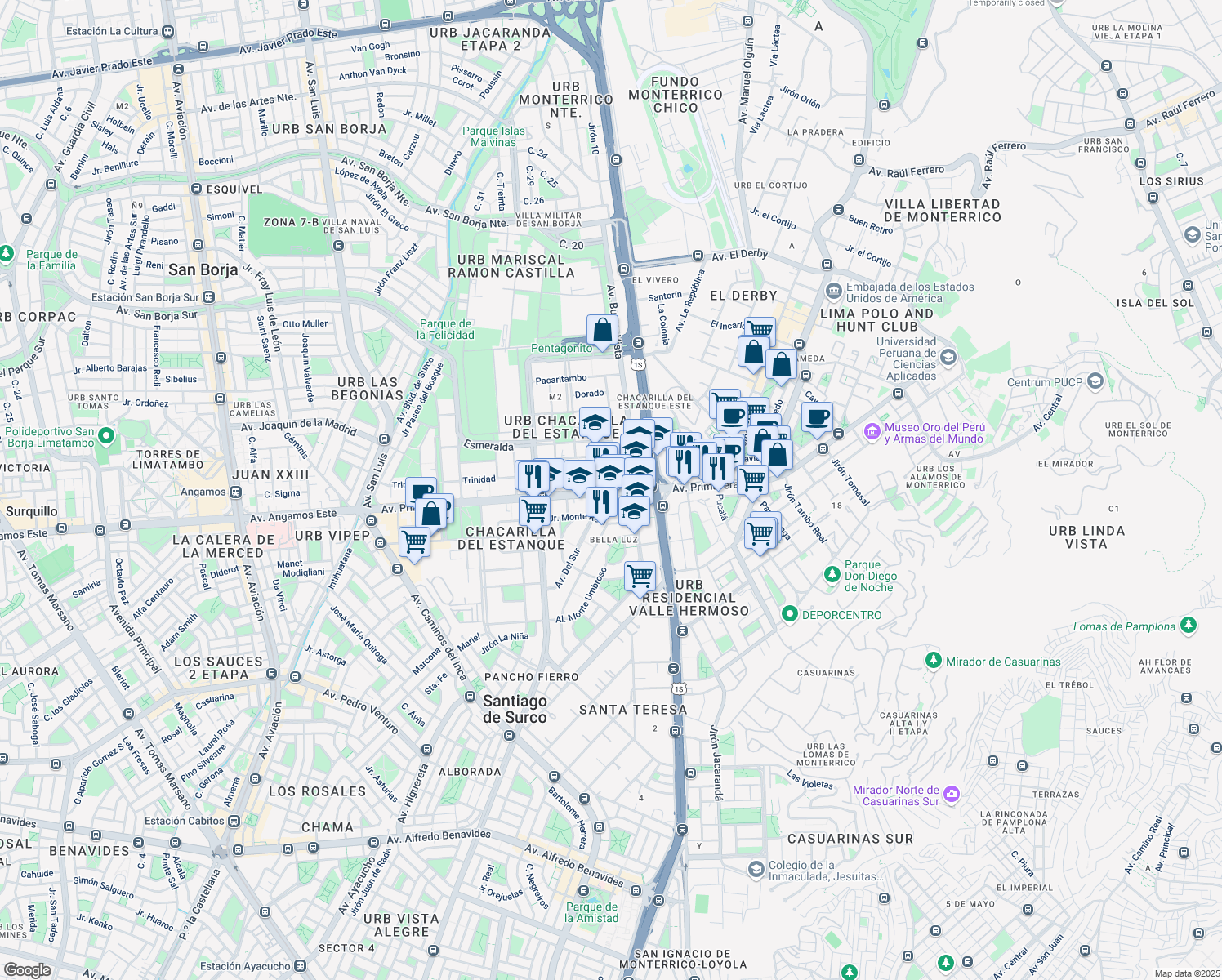 map of restaurants, bars, coffee shops, grocery stores, and more near Riva Aguero in Lima