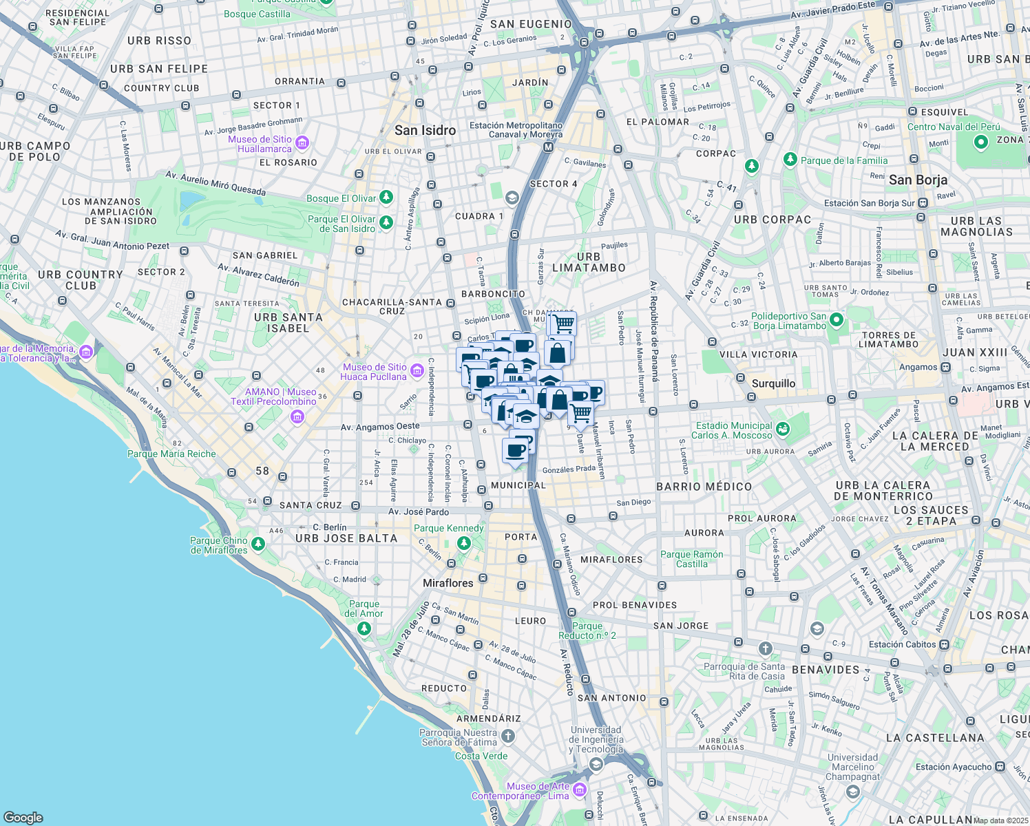 map of restaurants, bars, coffee shops, grocery stores, and more near 739 Calle General Suárez in Miraflores