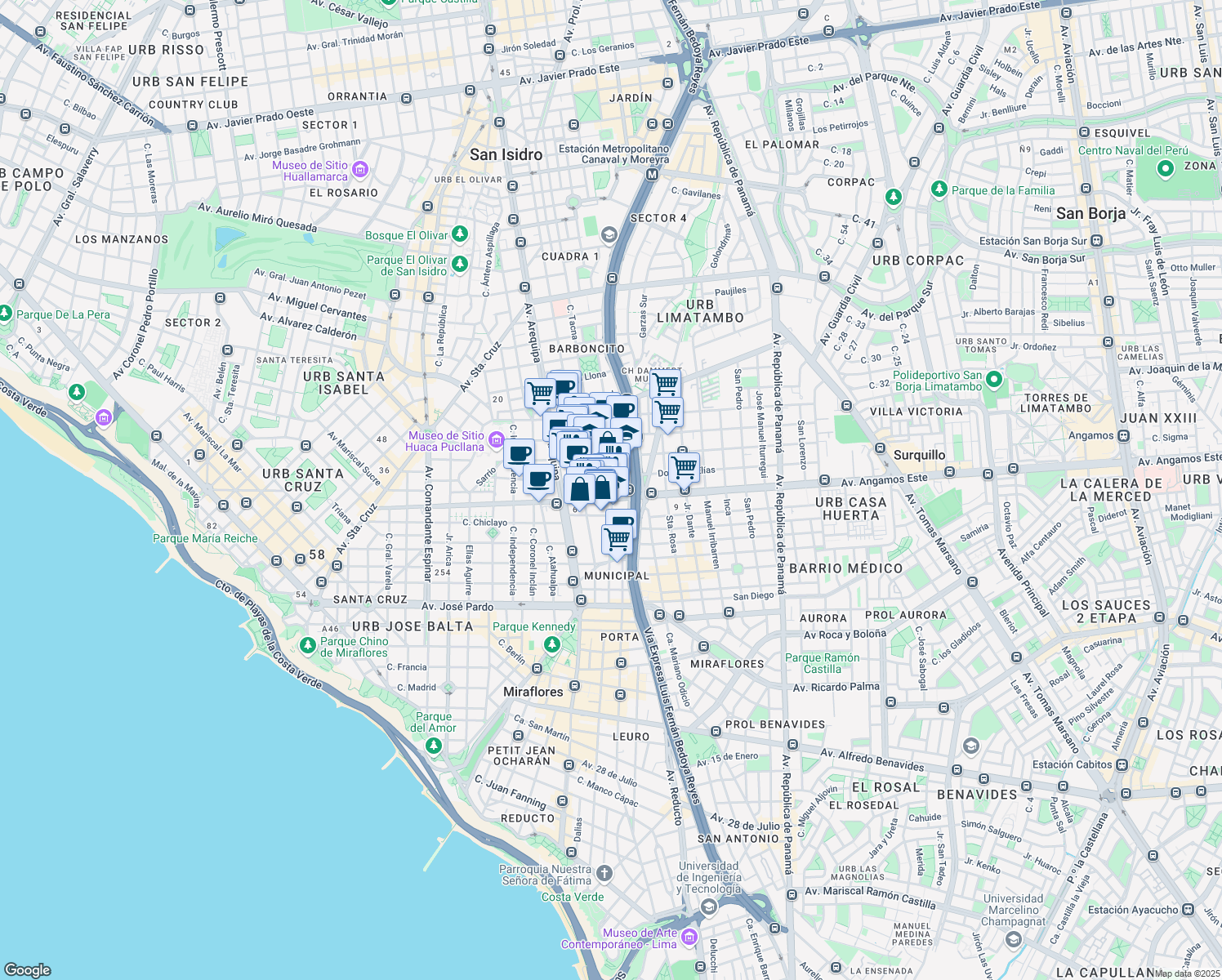 map of restaurants, bars, coffee shops, grocery stores, and more near 739 Calle General Suárez in Miraflores