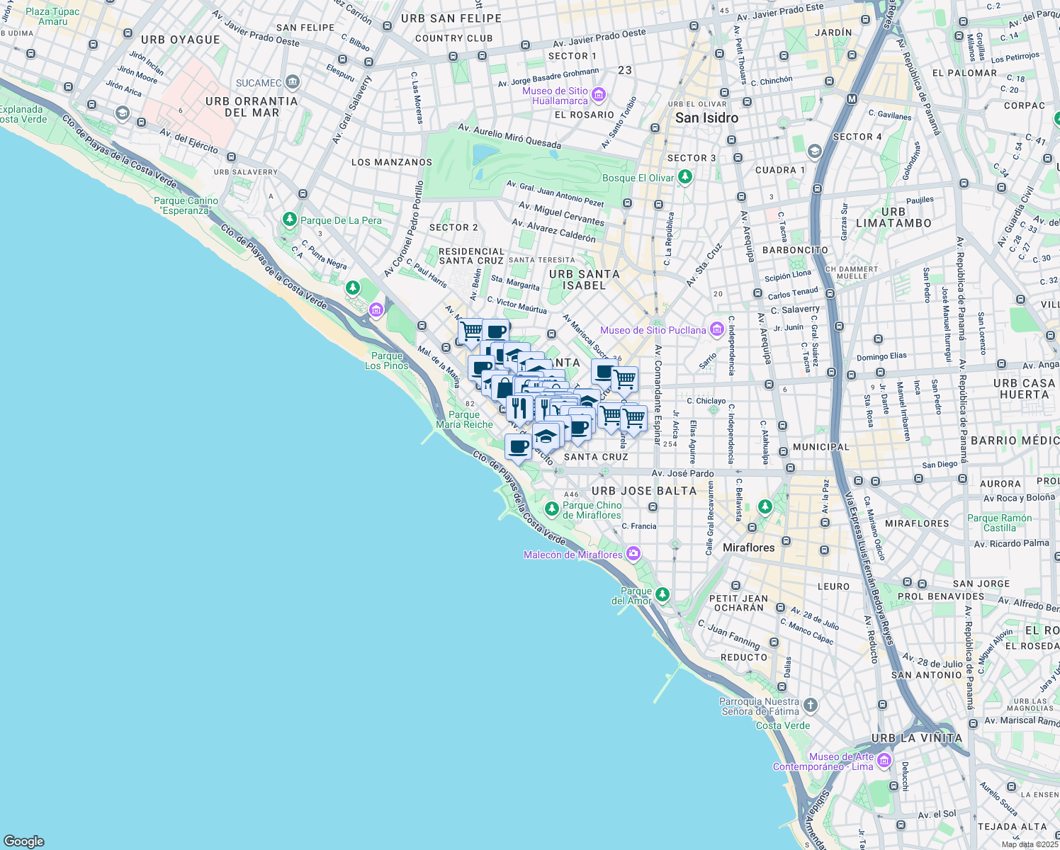 map of restaurants, bars, coffee shops, grocery stores, and more near 255 Calle Manuel Tovar in Miraflores