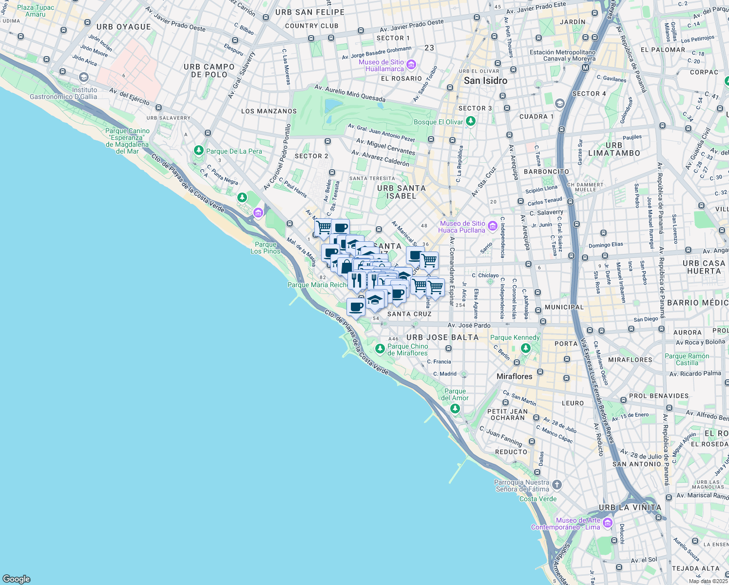 map of restaurants, bars, coffee shops, grocery stores, and more near 255 Calle Manuel Tovar in Miraflores
