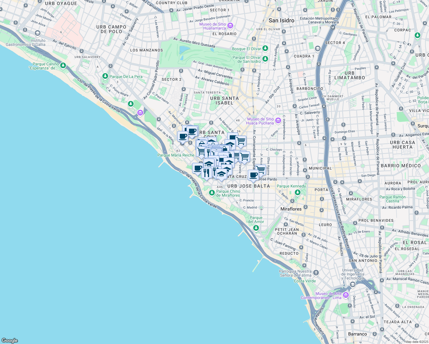 map of restaurants, bars, coffee shops, grocery stores, and more near 1550 Avenida Santa Cruz in Miraflores