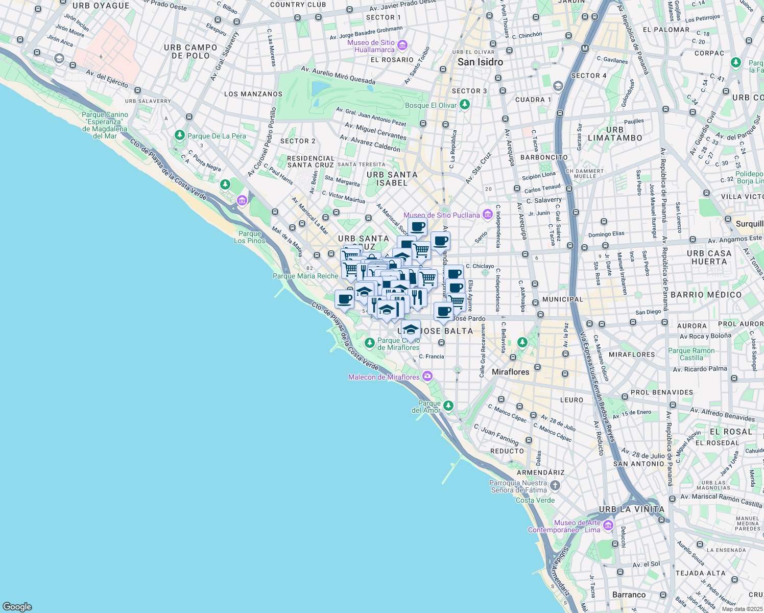 map of restaurants, bars, coffee shops, grocery stores, and more near 1521 Avenida Santa Cruz in Miraflores