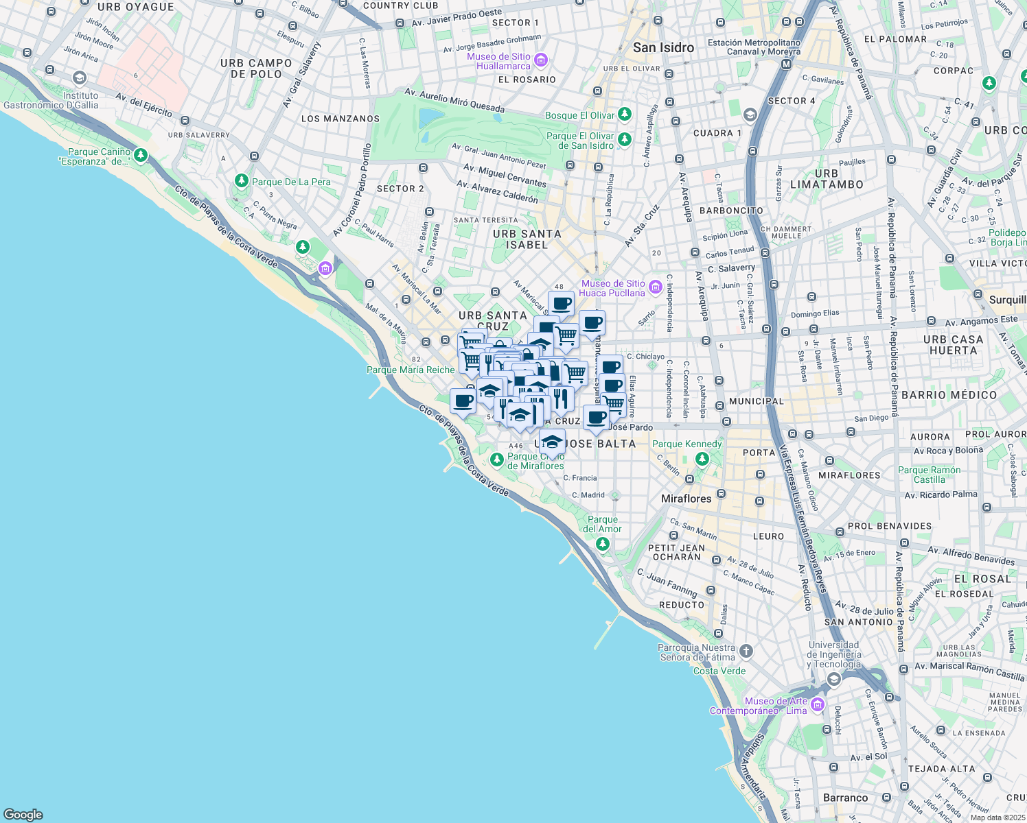 map of restaurants, bars, coffee shops, grocery stores, and more near 1521 Avenida Santa Cruz in Miraflores