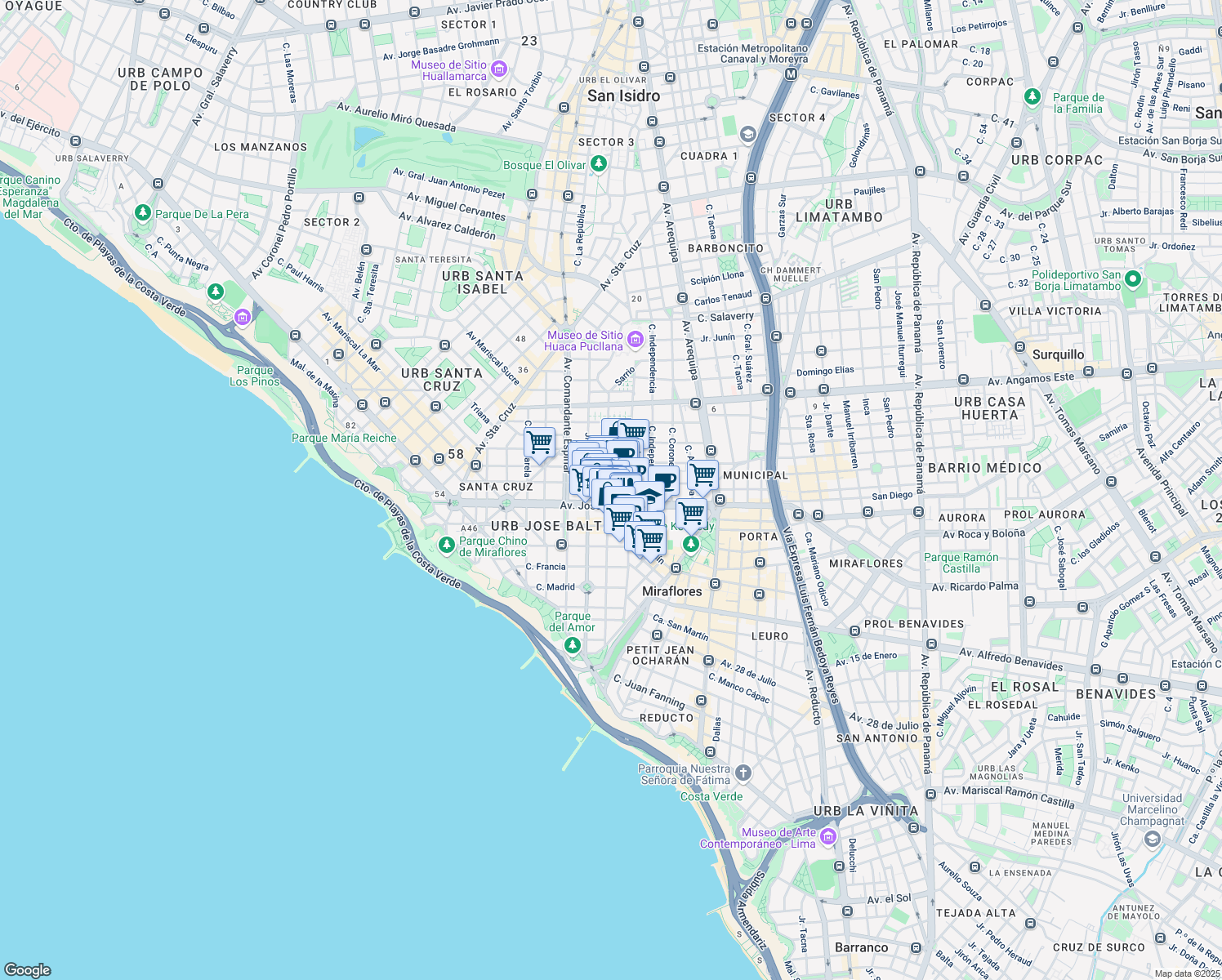 map of restaurants, bars, coffee shops, grocery stores, and more near 166 Elías Aguirre in Lima