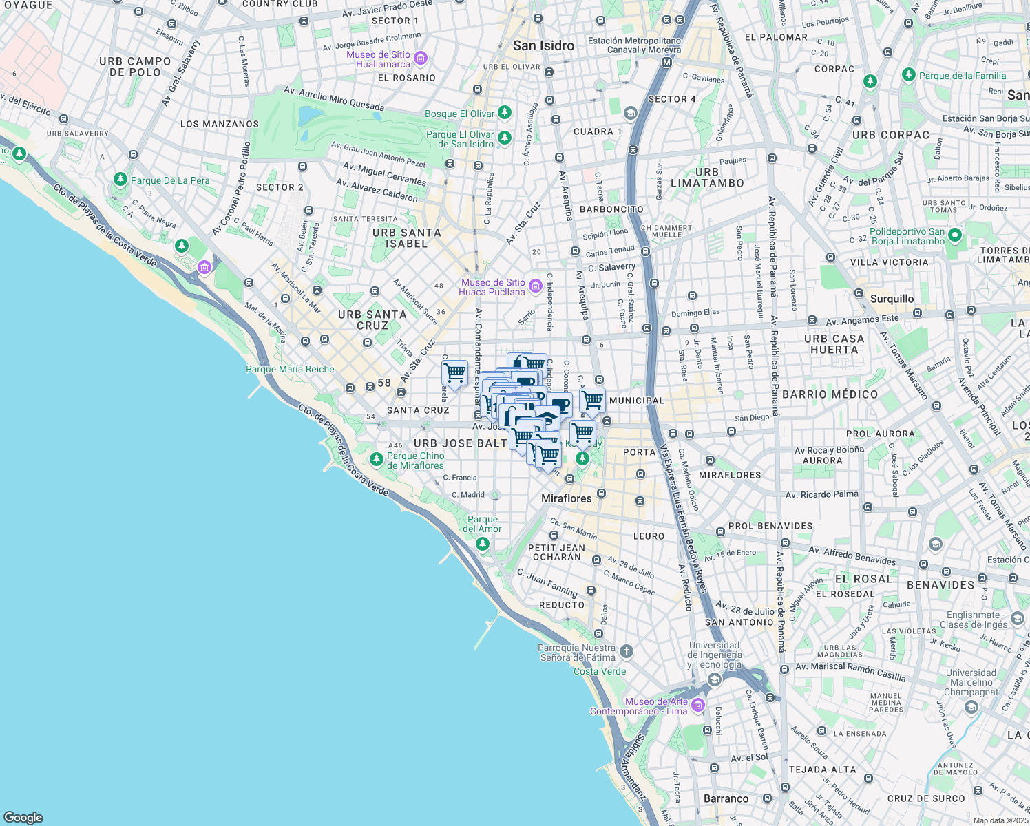 map of restaurants, bars, coffee shops, grocery stores, and more near 166 Elías Aguirre in Lima