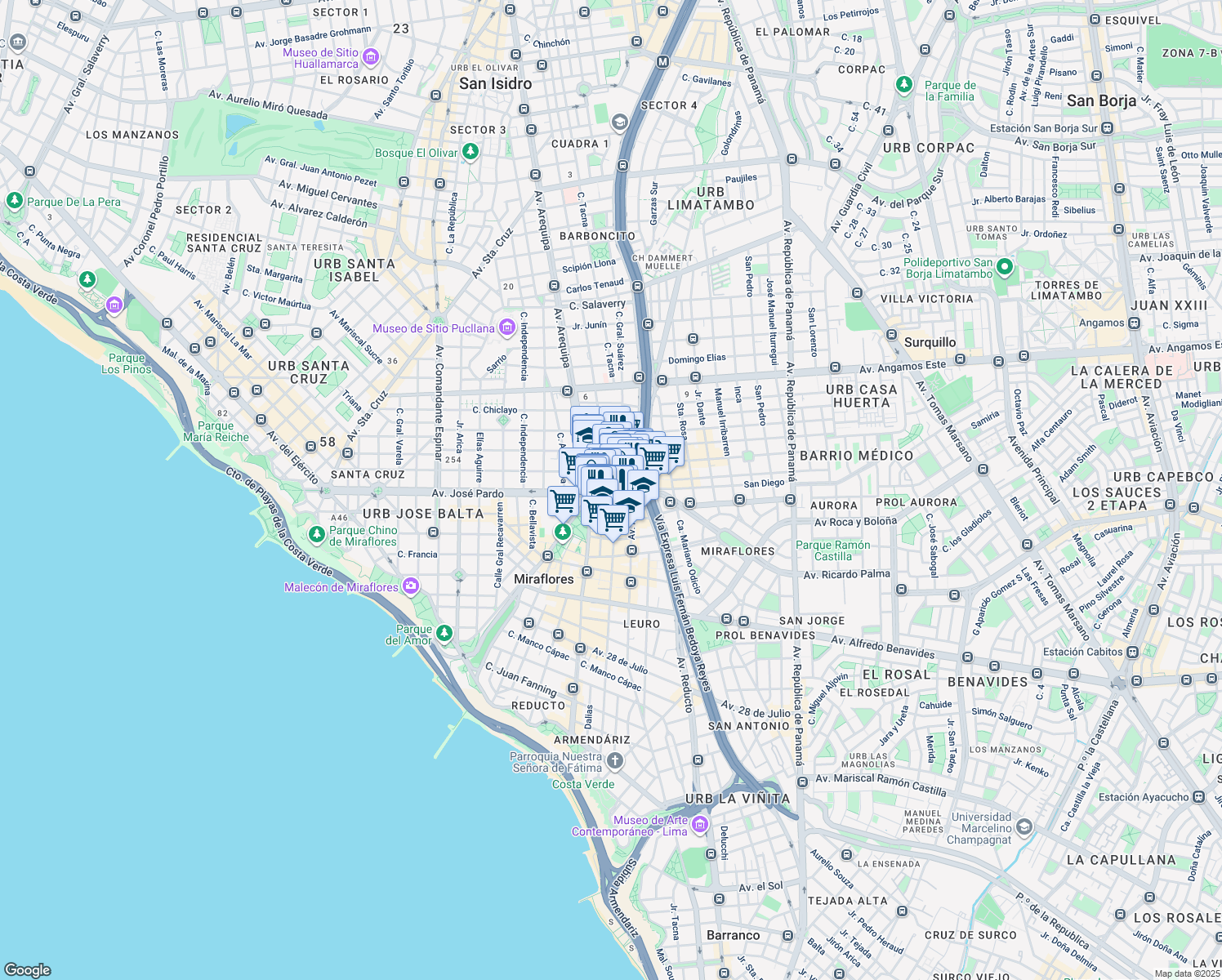 map of restaurants, bars, coffee shops, grocery stores, and more near 251 Avenida Ricardo Palma in Miraflores