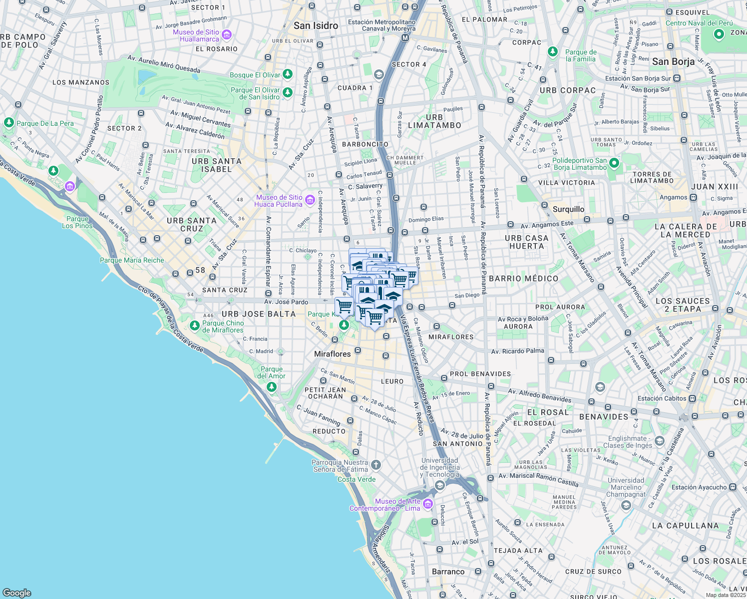 map of restaurants, bars, coffee shops, grocery stores, and more near 251 Avenida Ricardo Palma in Miraflores