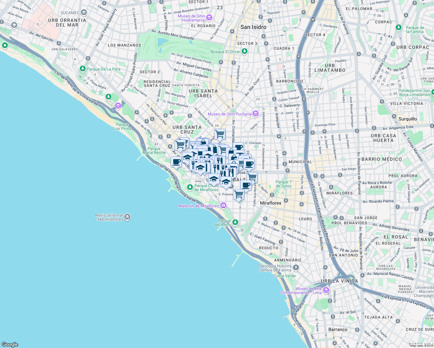 map of restaurants, bars, coffee shops, grocery stores, and more near 1051 Avenida José Pardo in Miraflores