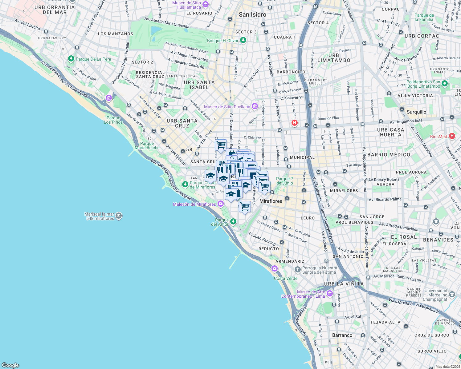 map of restaurants, bars, coffee shops, grocery stores, and more near 300 Jorge Chávez in Miraflores