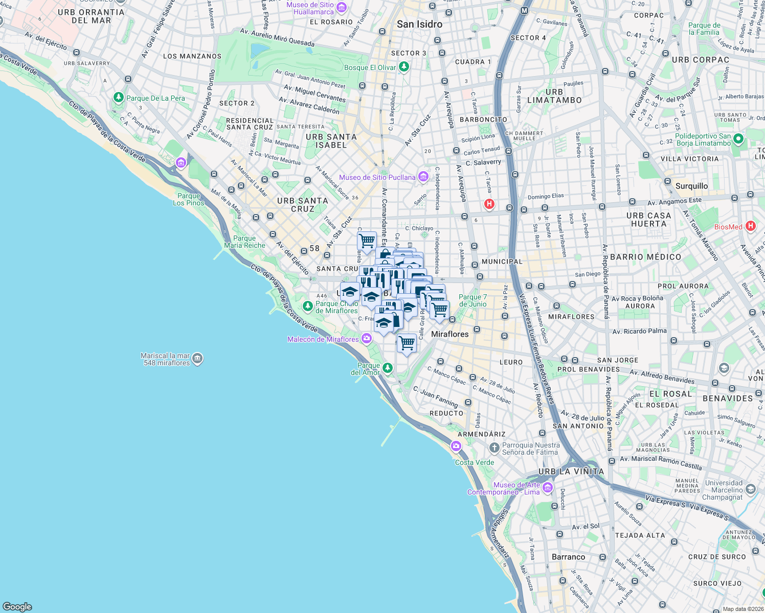 map of restaurants, bars, coffee shops, grocery stores, and more near 300 Jorge Chávez in Miraflores