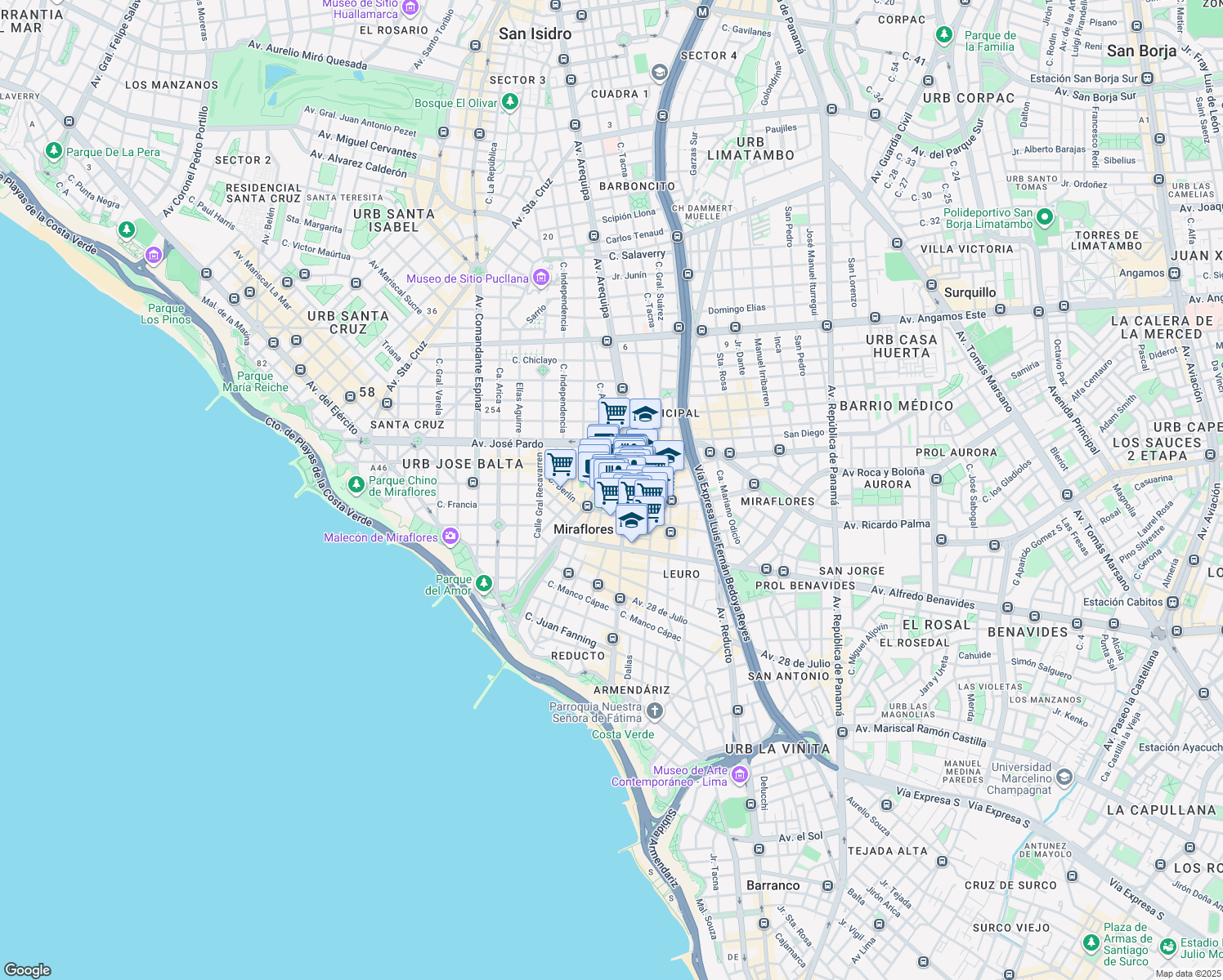 map of restaurants, bars, coffee shops, grocery stores, and more near 329 Calle Lima in Miraflores