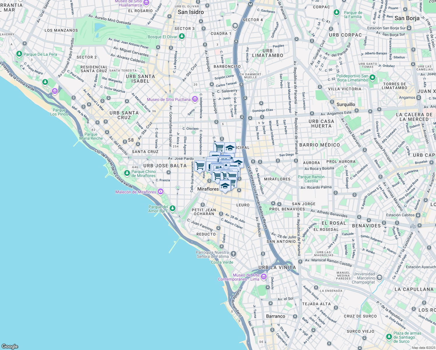 map of restaurants, bars, coffee shops, grocery stores, and more near 329 Calle Lima in Miraflores