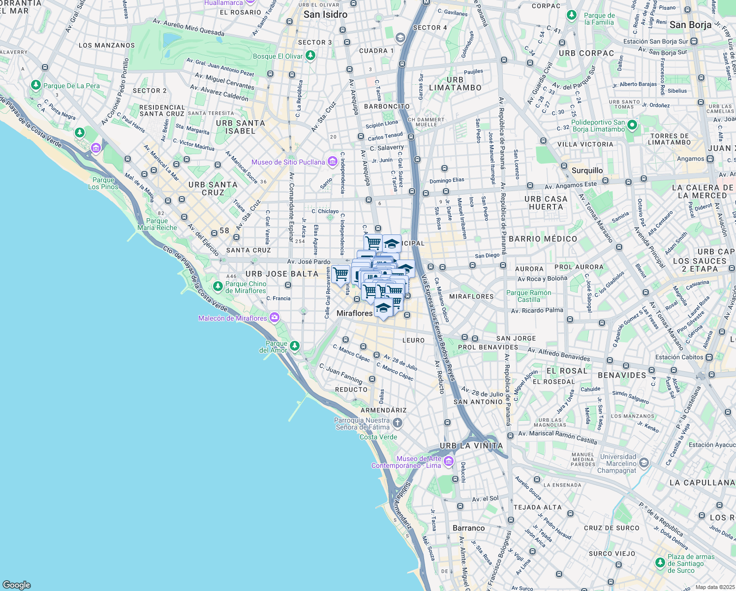 map of restaurants, bars, coffee shops, grocery stores, and more near 6 Calle Lima in Miraflores