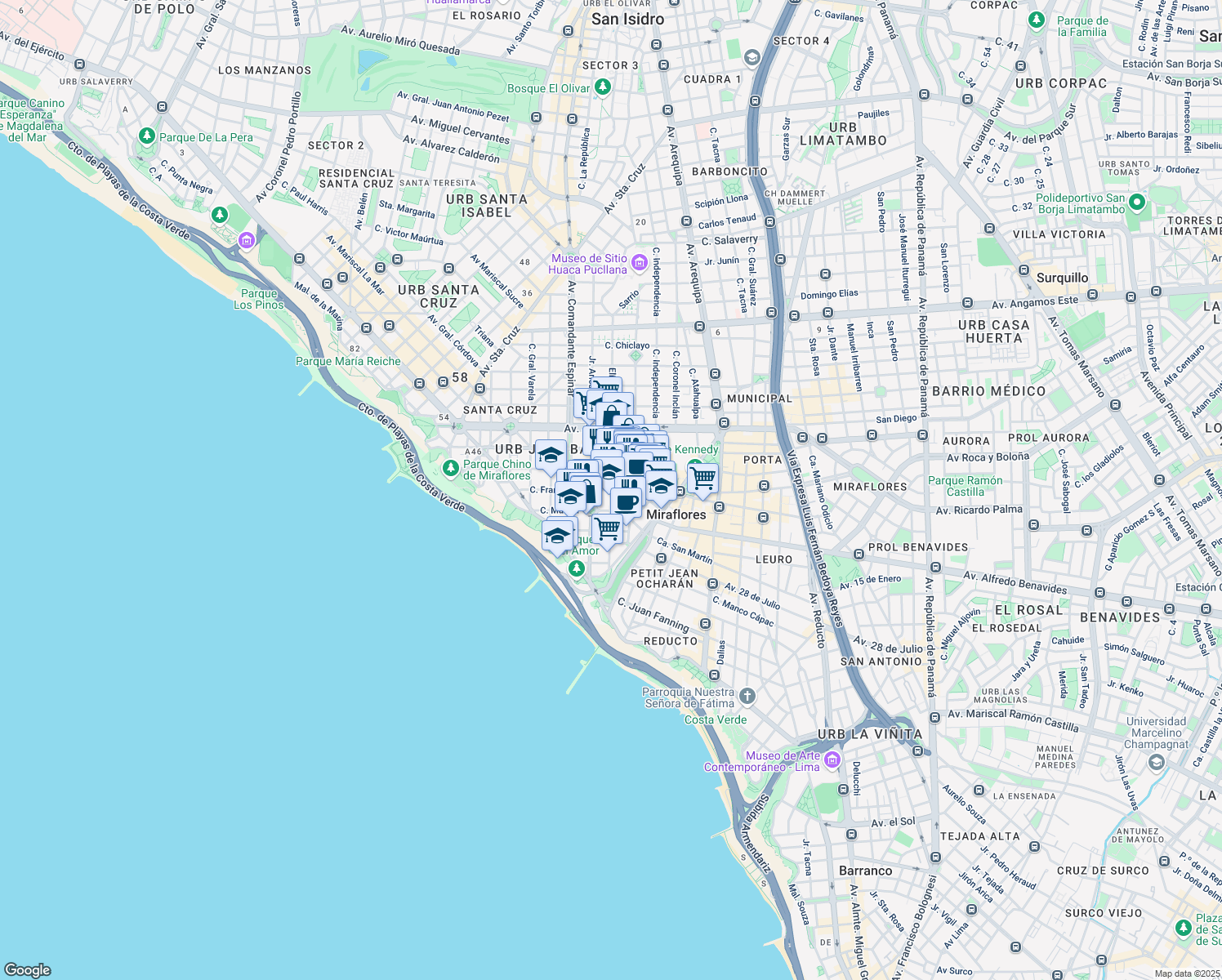 map of restaurants, bars, coffee shops, grocery stores, and more near Avenida Grau in Miraflores