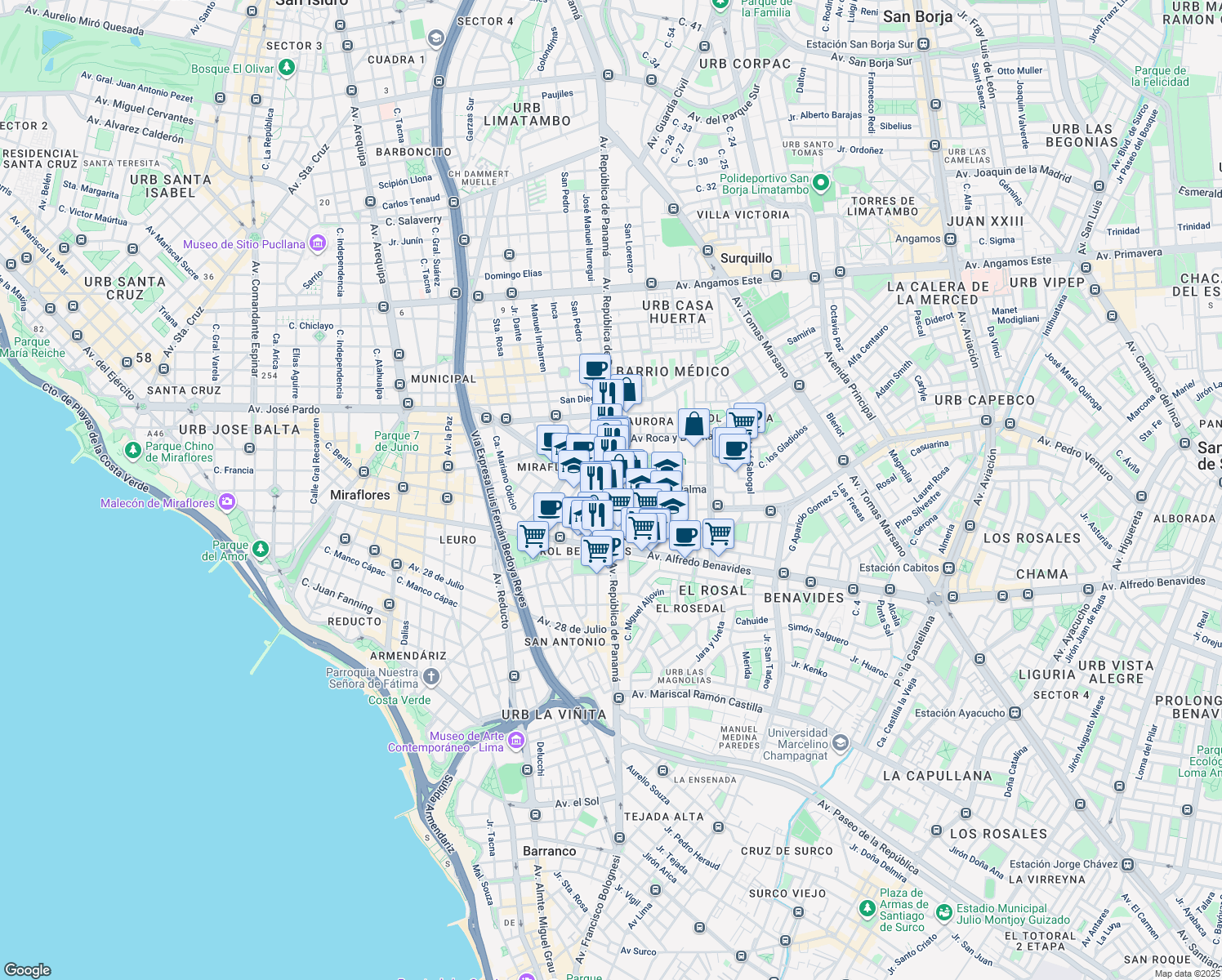 map of restaurants, bars, coffee shops, grocery stores, and more near 6000 Avenida República de Panamá in Lima